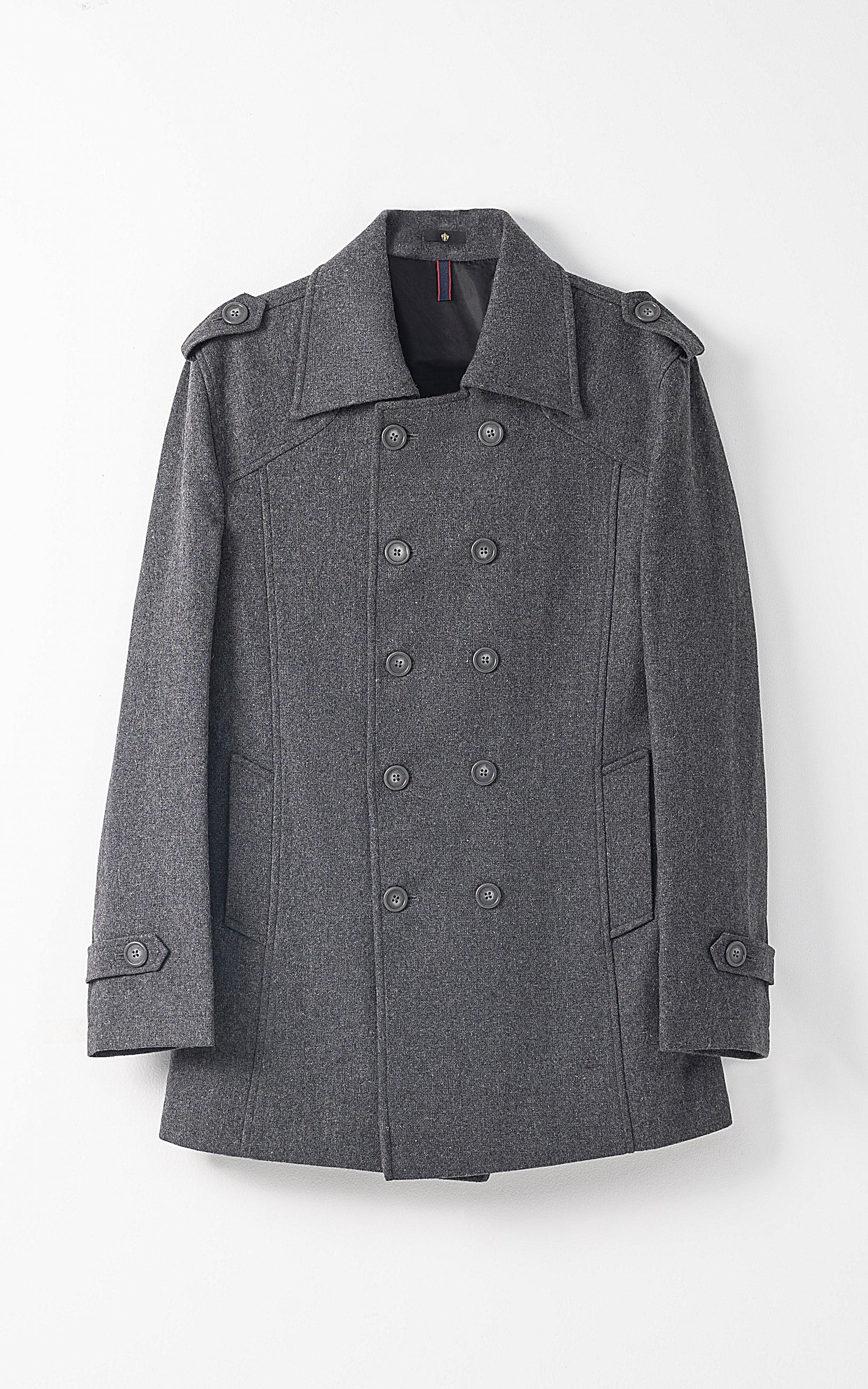 Dark gray long coat with double-breasted button front and epaulets