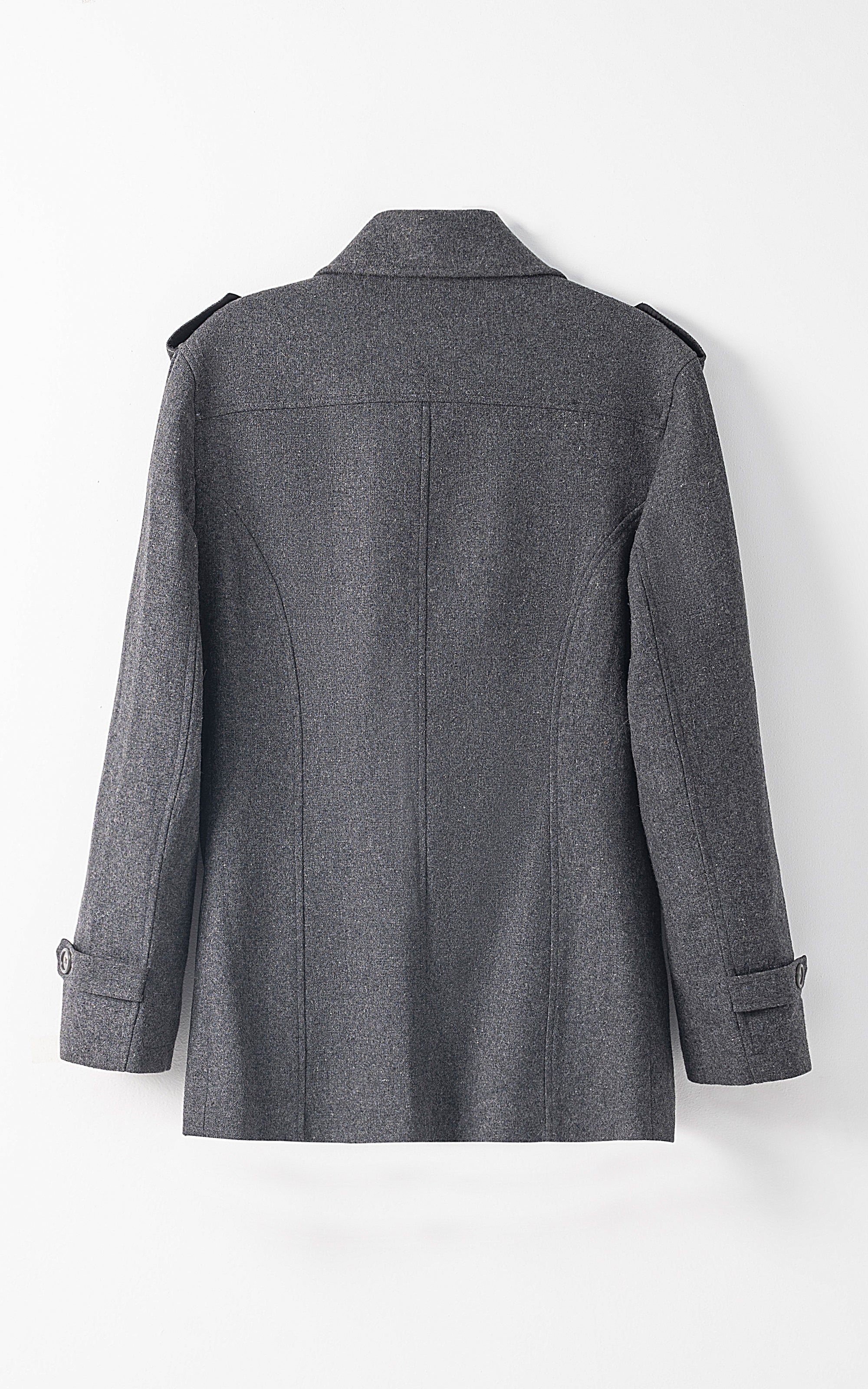 Long coat, dark gray back view with stand collar and shoulder tabs