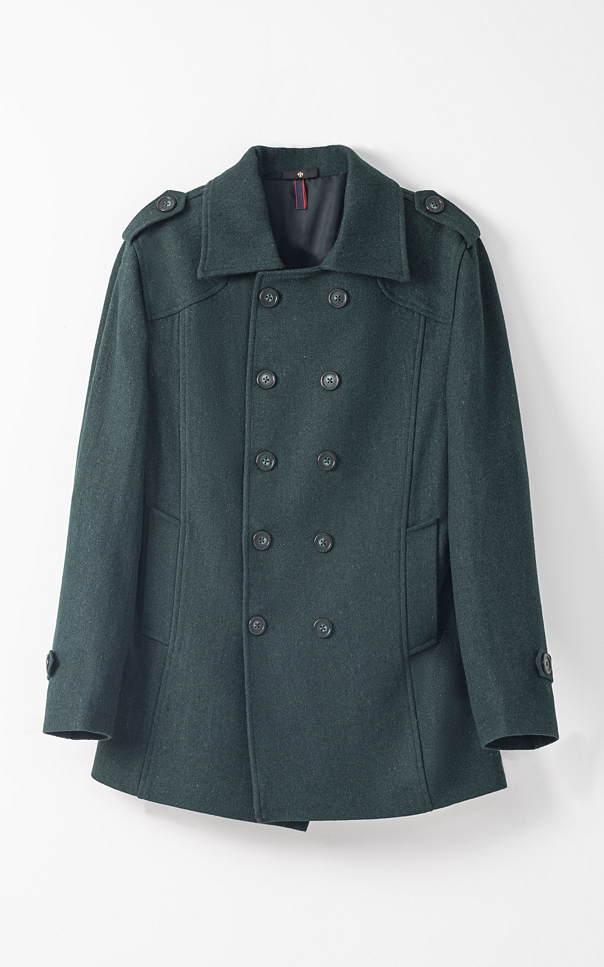 Long coat in dark teal, double-breasted front with large buttons, shoulder epaulets