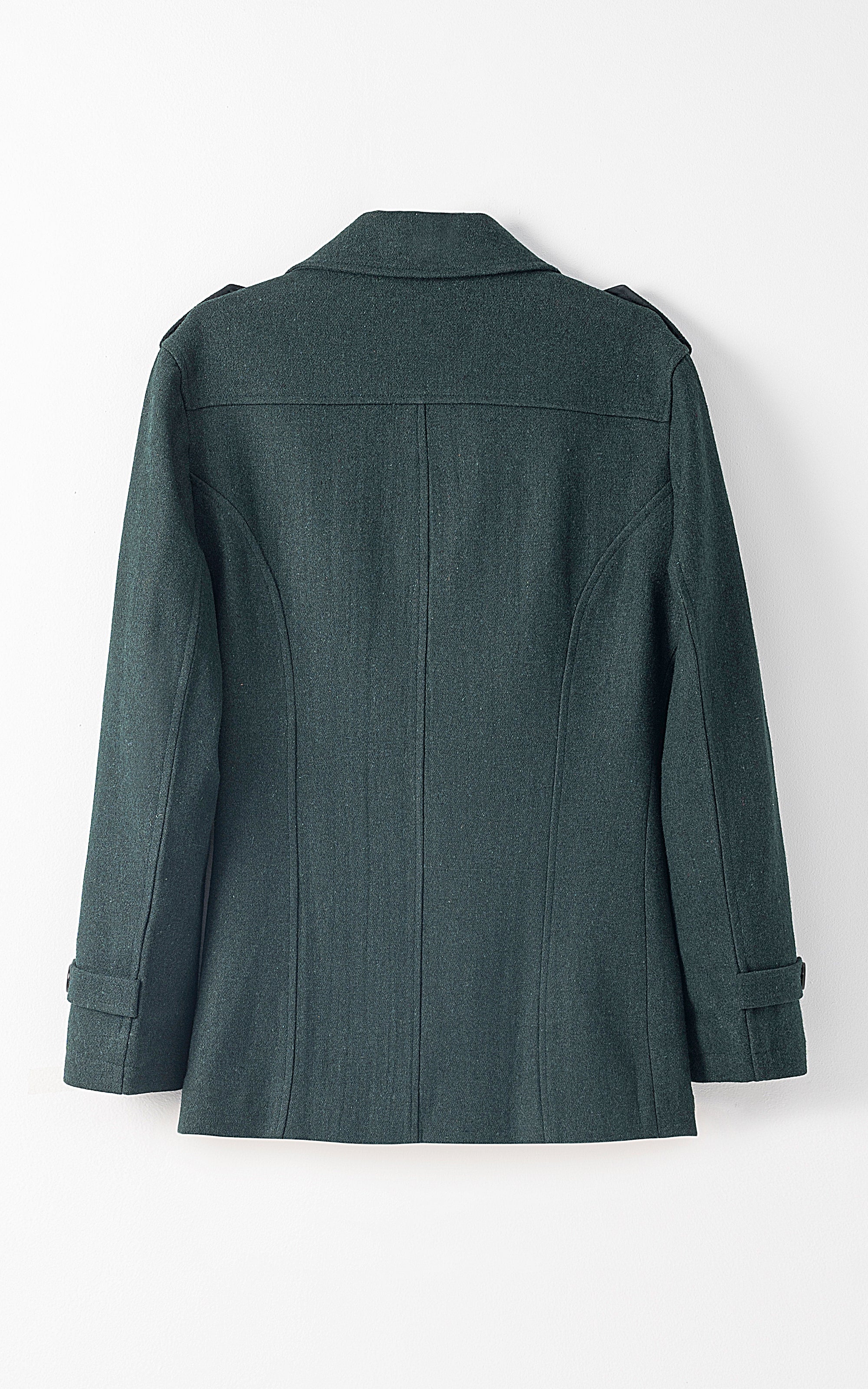 Long coat back view in dark teal with yoke seam and center back button