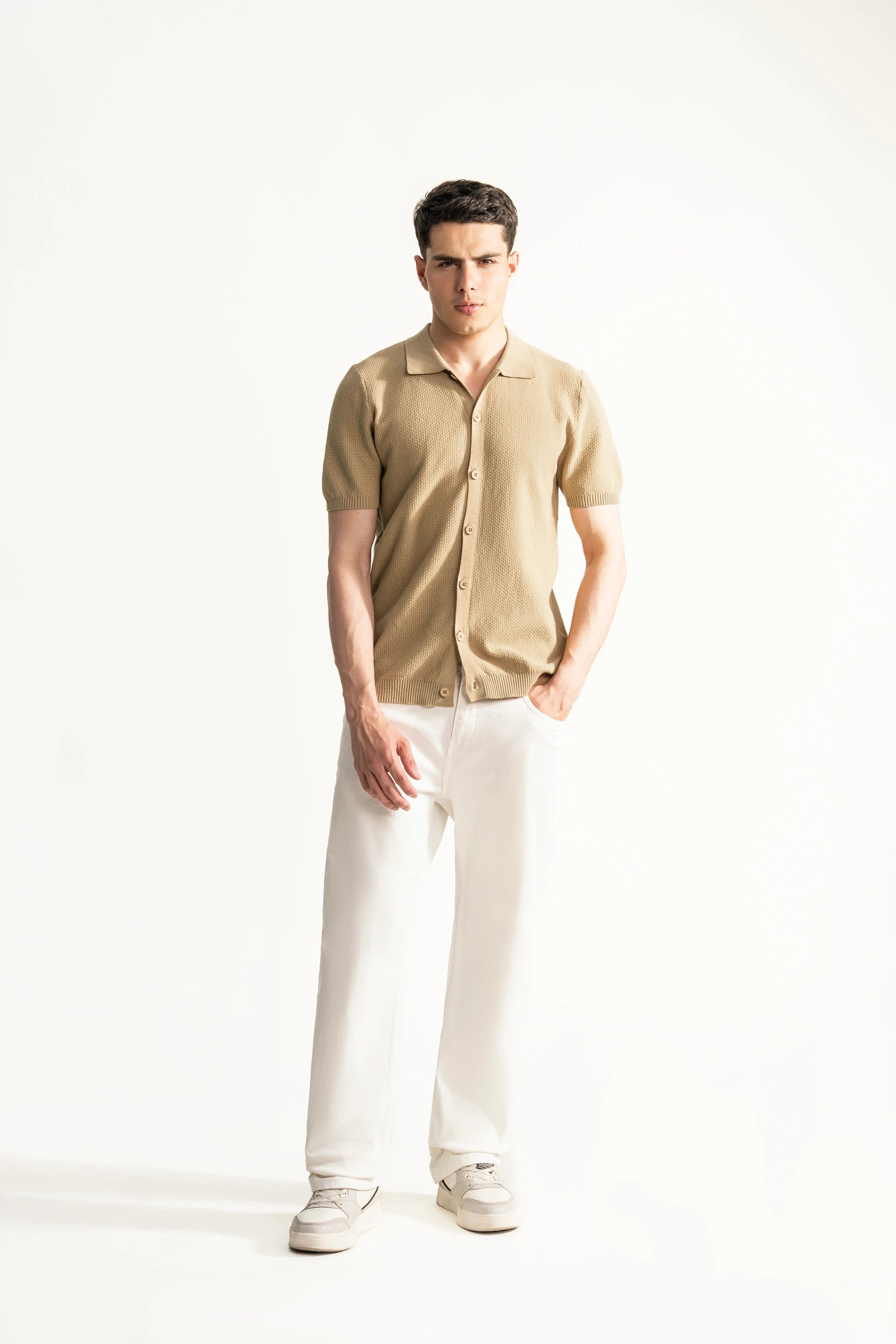 HALF SLEEVE CABLE KNIT CASUAL SHIRT DARK KHAKI