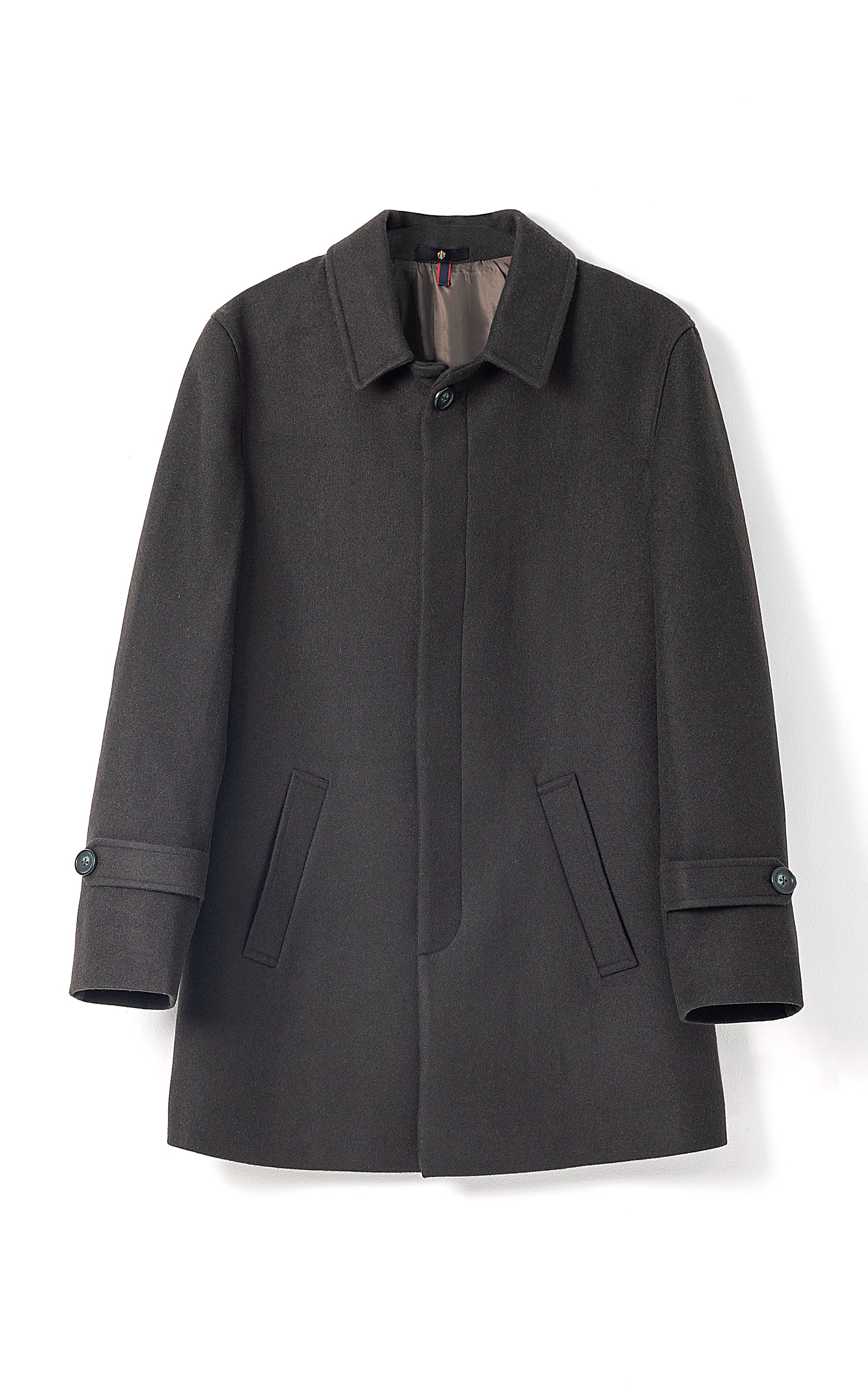Long coat in deep olive, button-front with notched collar and side pockets, cuff tabs