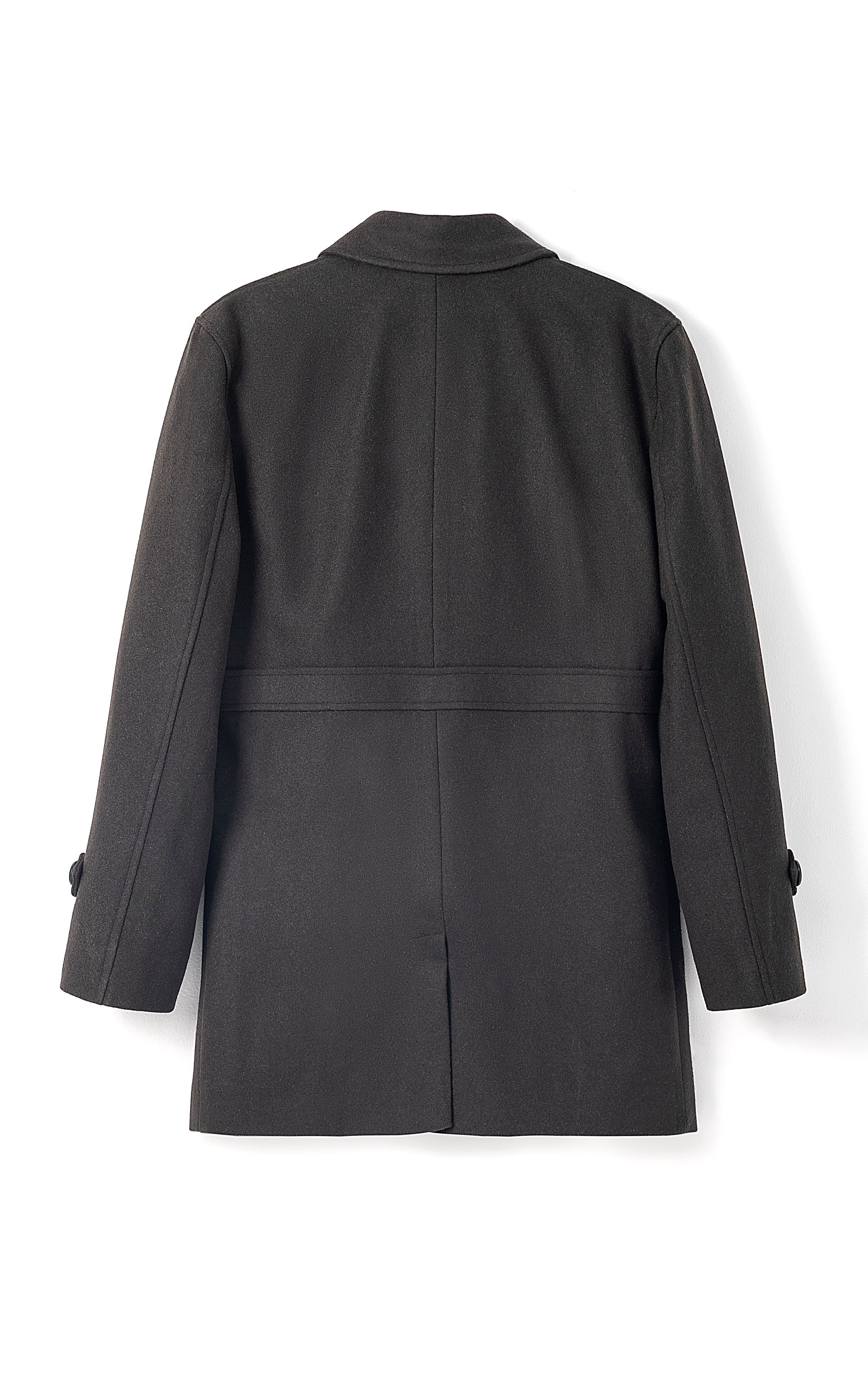 Long coat in deep olive, back view with center seam, raised collar, button cuffs