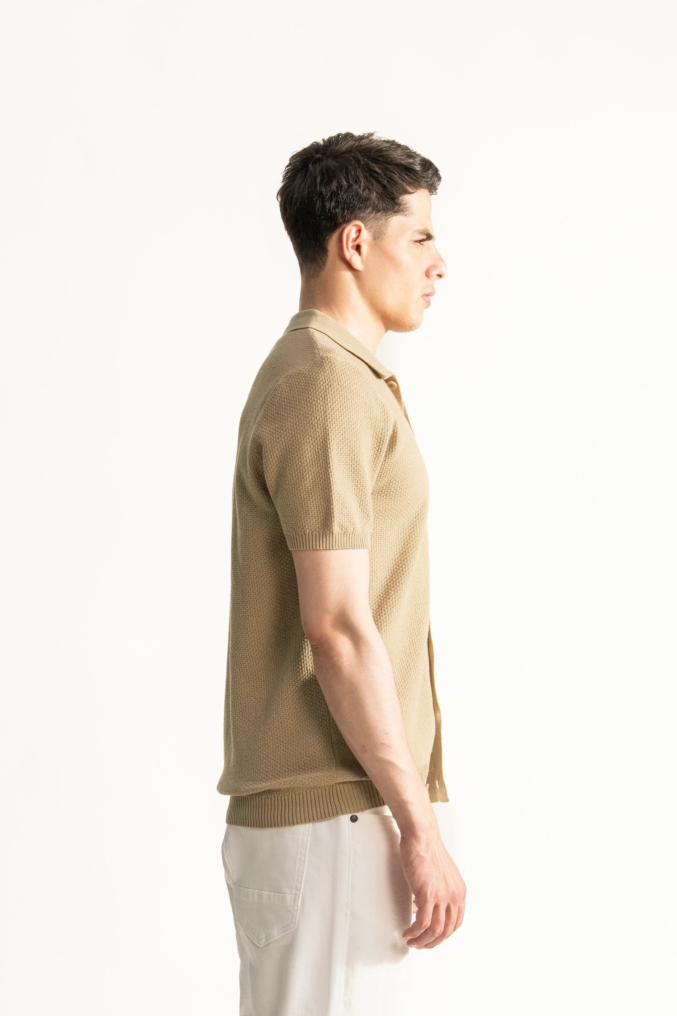 HALF SLEEVE CABLE KNIT CASUAL SHIRT DARK KHAKI