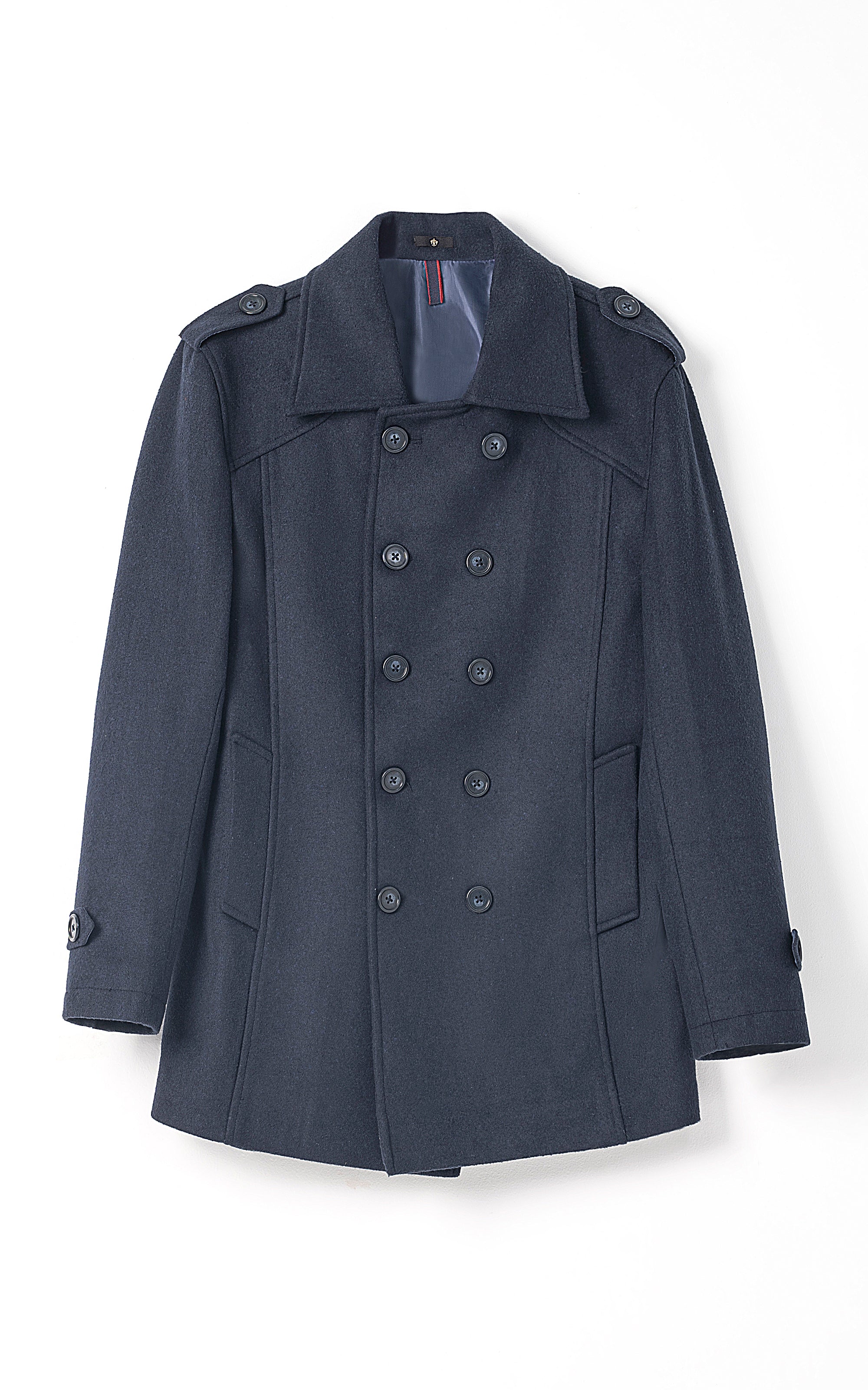 Long double-breasted coat in dark blue with structured lapels and button front