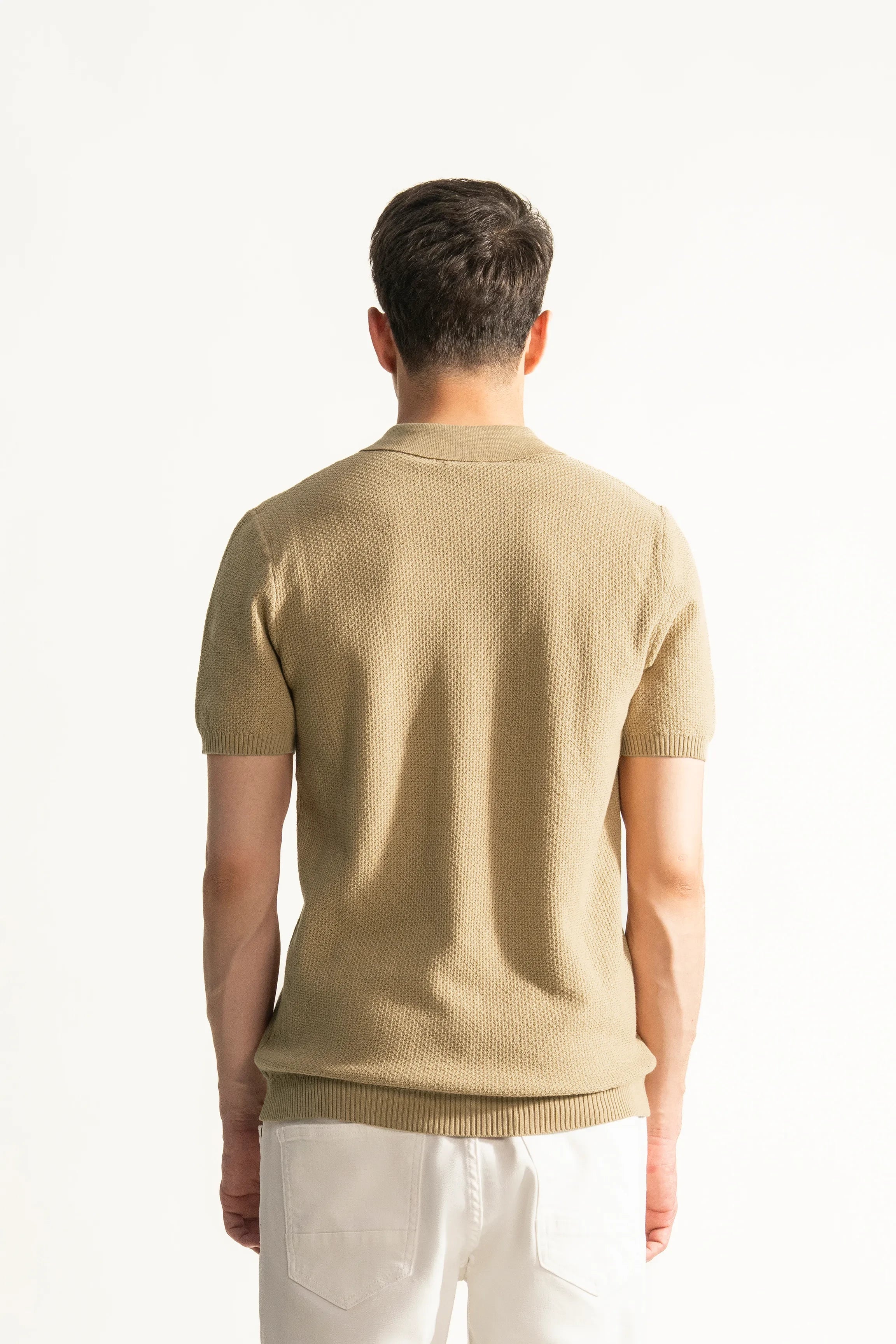 HALF SLEEVE CABLE KNIT CASUAL SHIRT DARK KHAKI