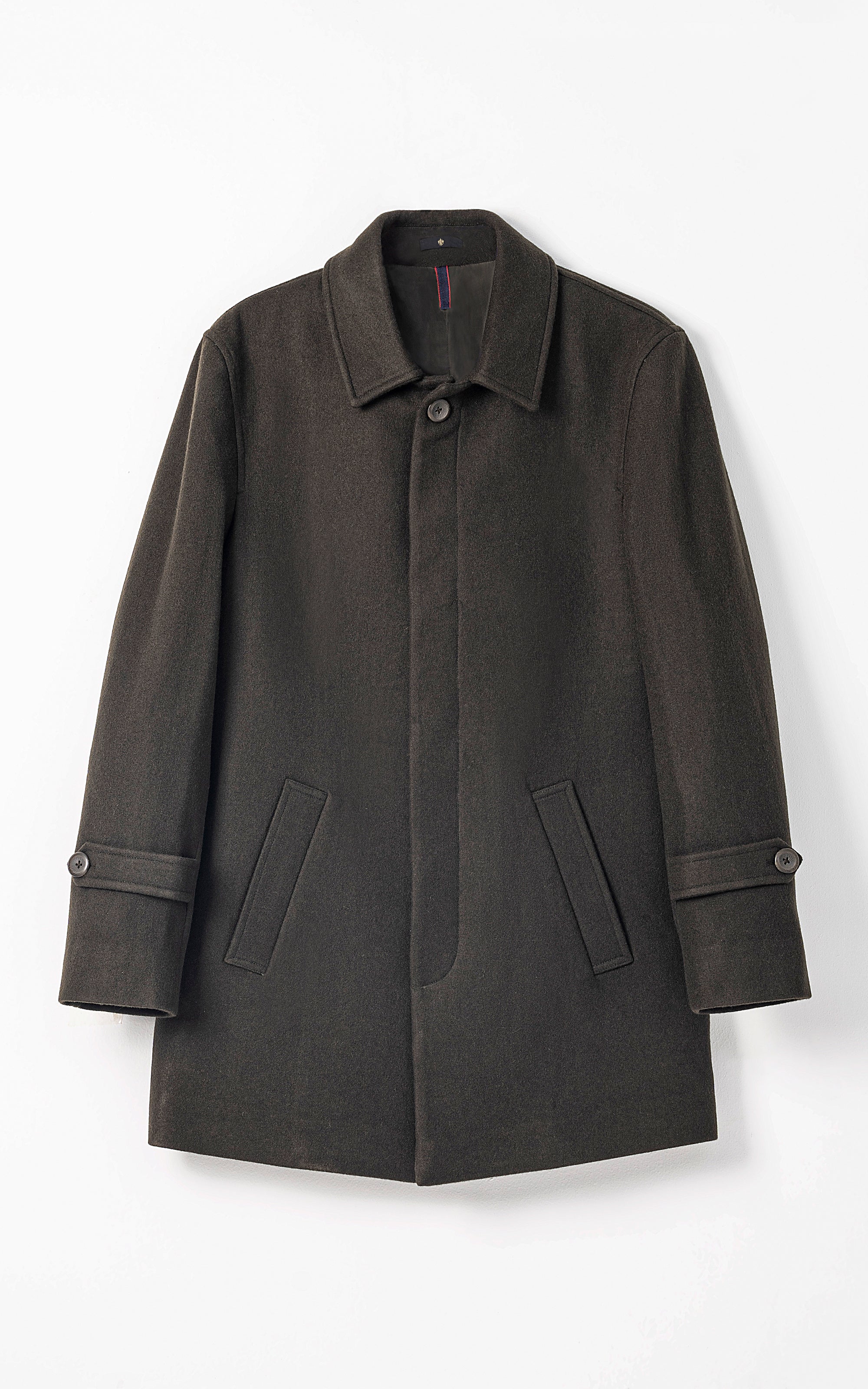 Dark olive long coat with button front, notched collar, flap pockets, 3/4 sleeves