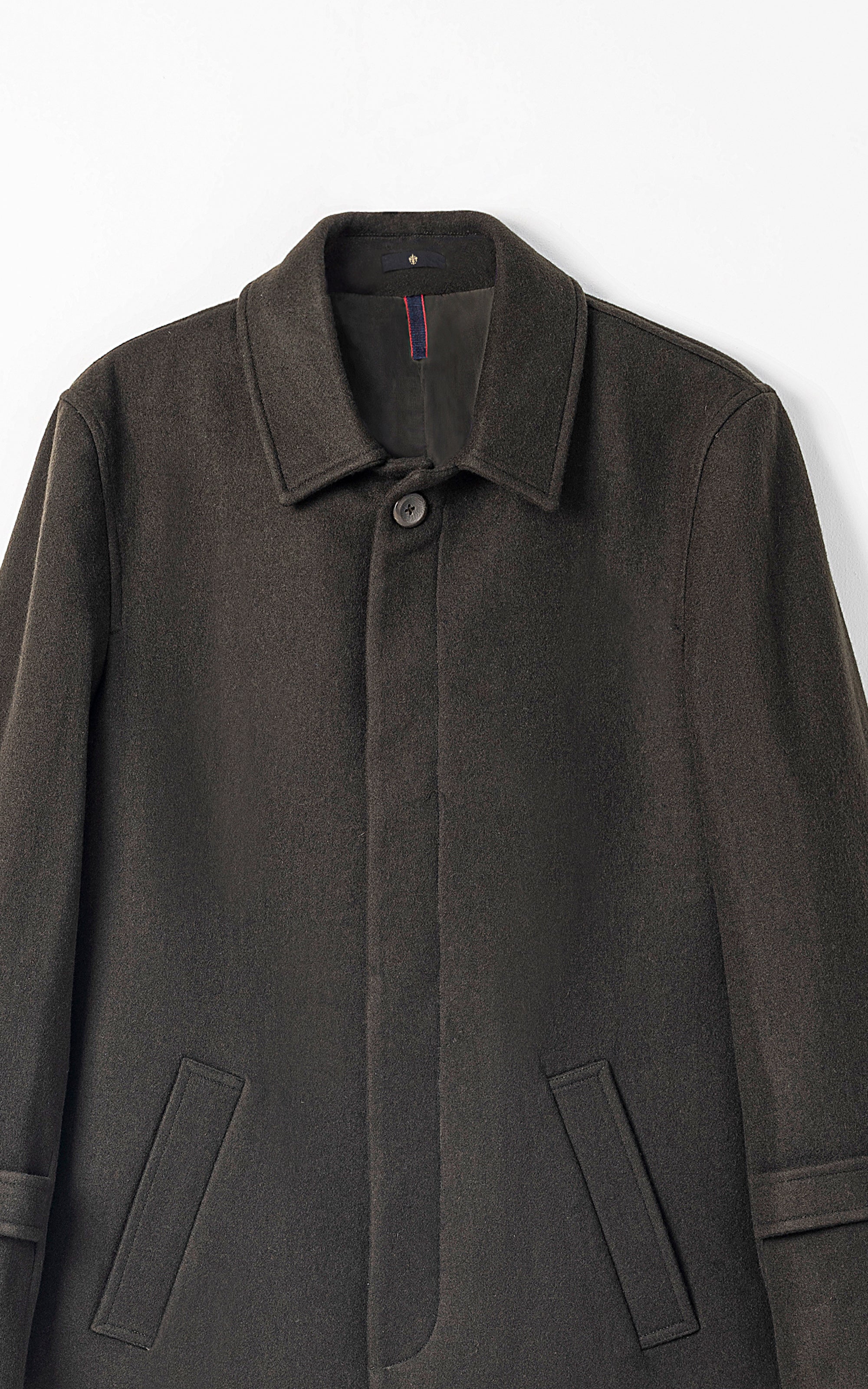 Dark olive long coat close-up: notched collar, button placket, flap pockets