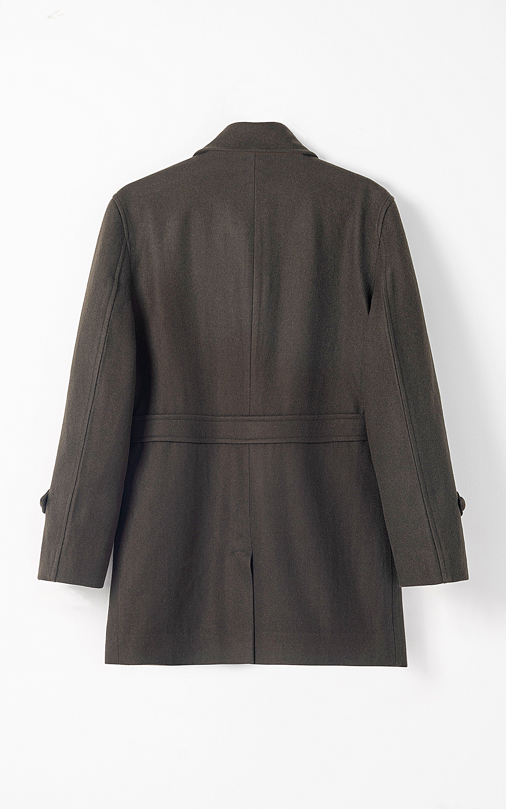 Dark olive long coat back view with center seam and three-quarter sleeves