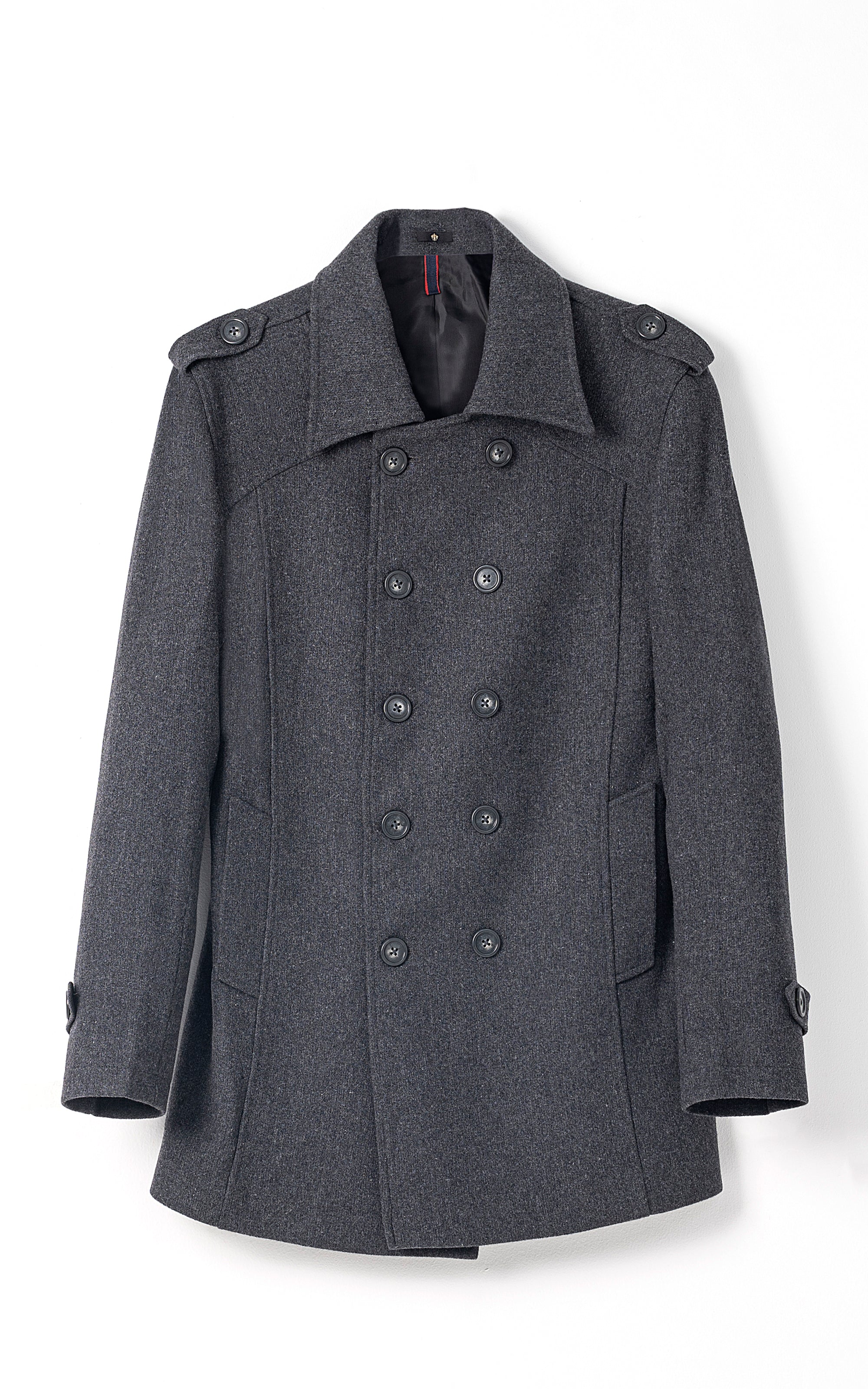 Double-breasted long coat, dark grey with double row buttons and notch lapels