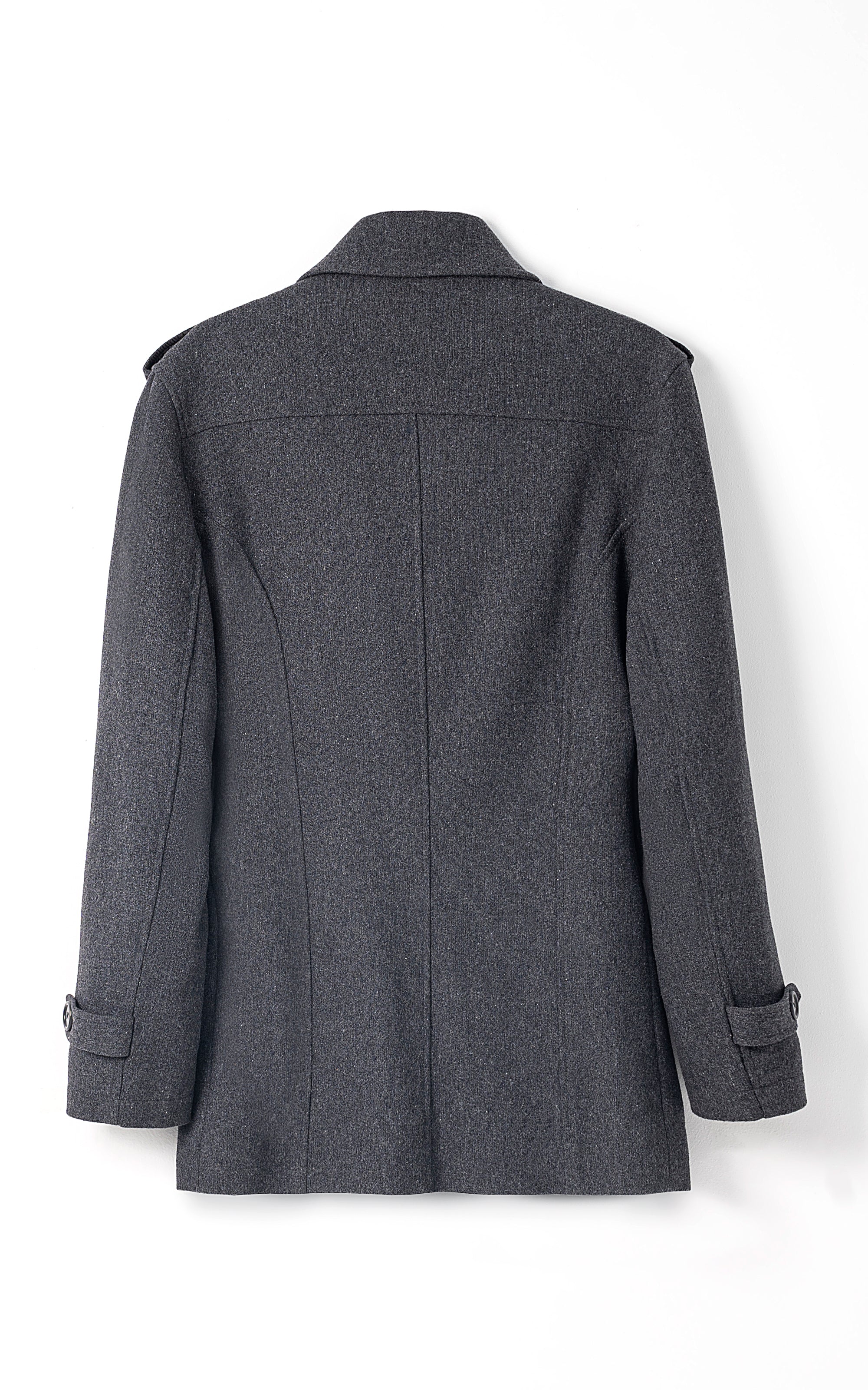 Double-breasted long coat, dark grey back view with structured shoulders and center seam