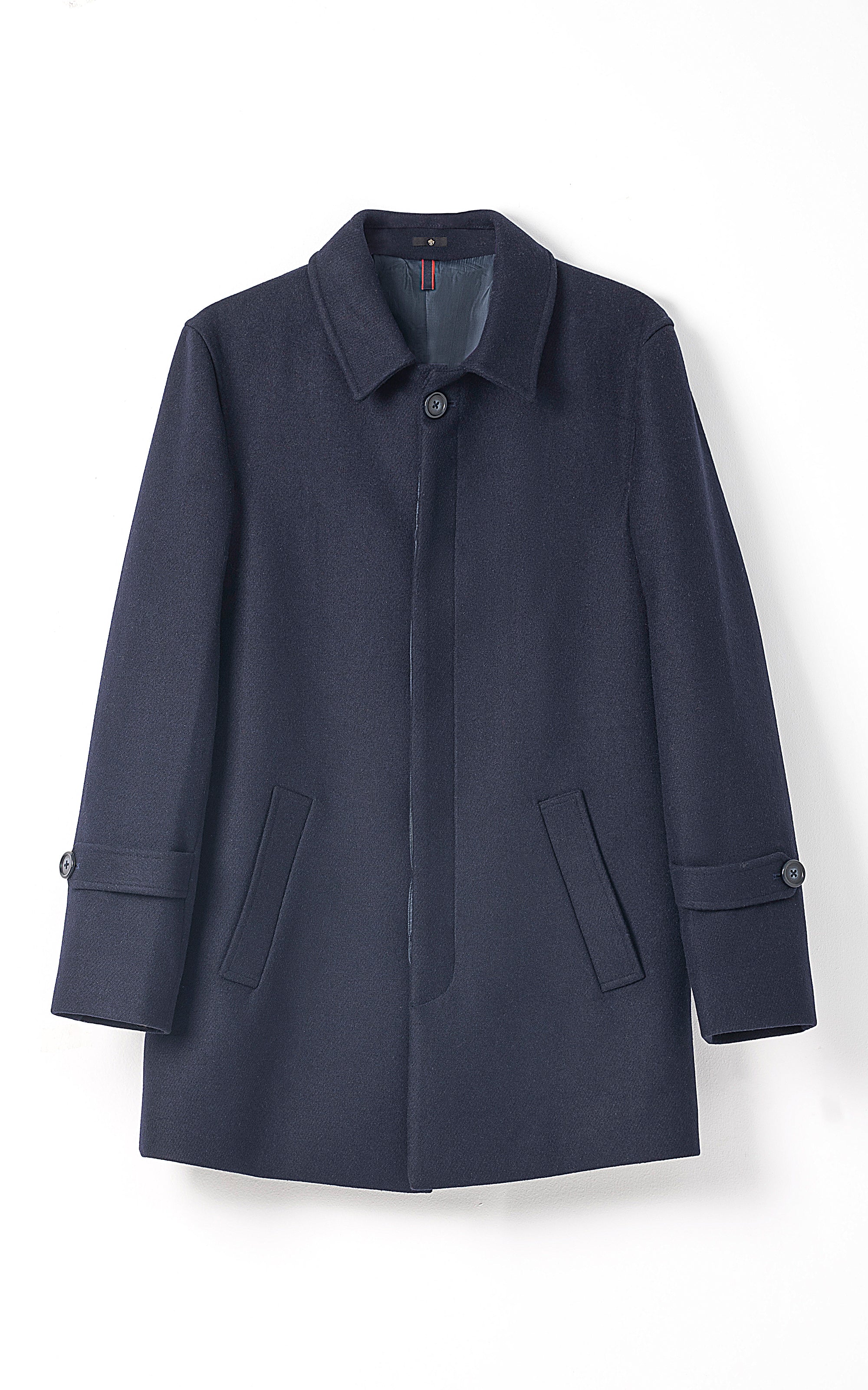 Navy long coat with notch collar, single button front, flap pockets, and button cuffs