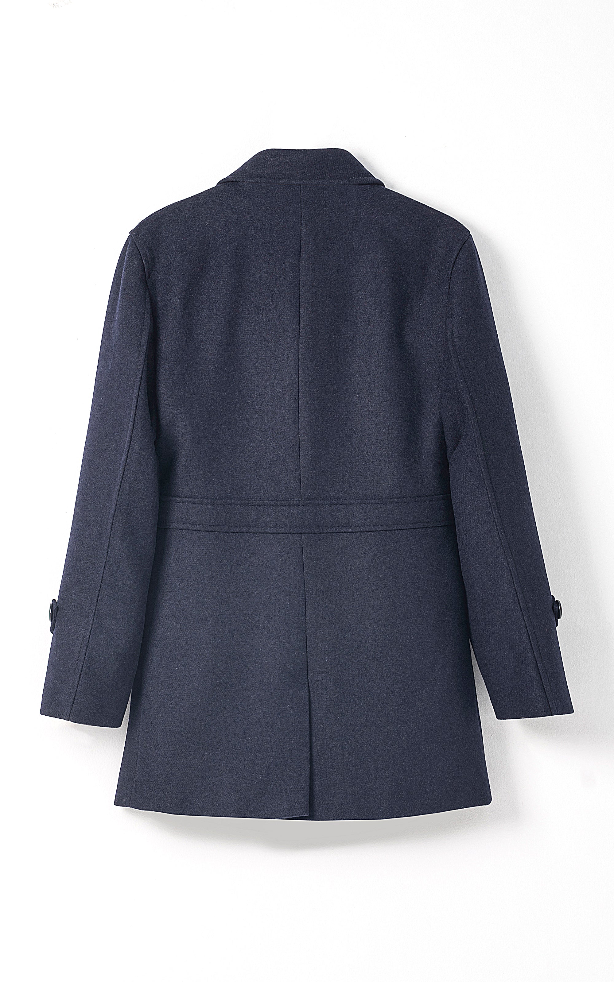 Navy long coat back view with notch collar and seam details, belt at waist