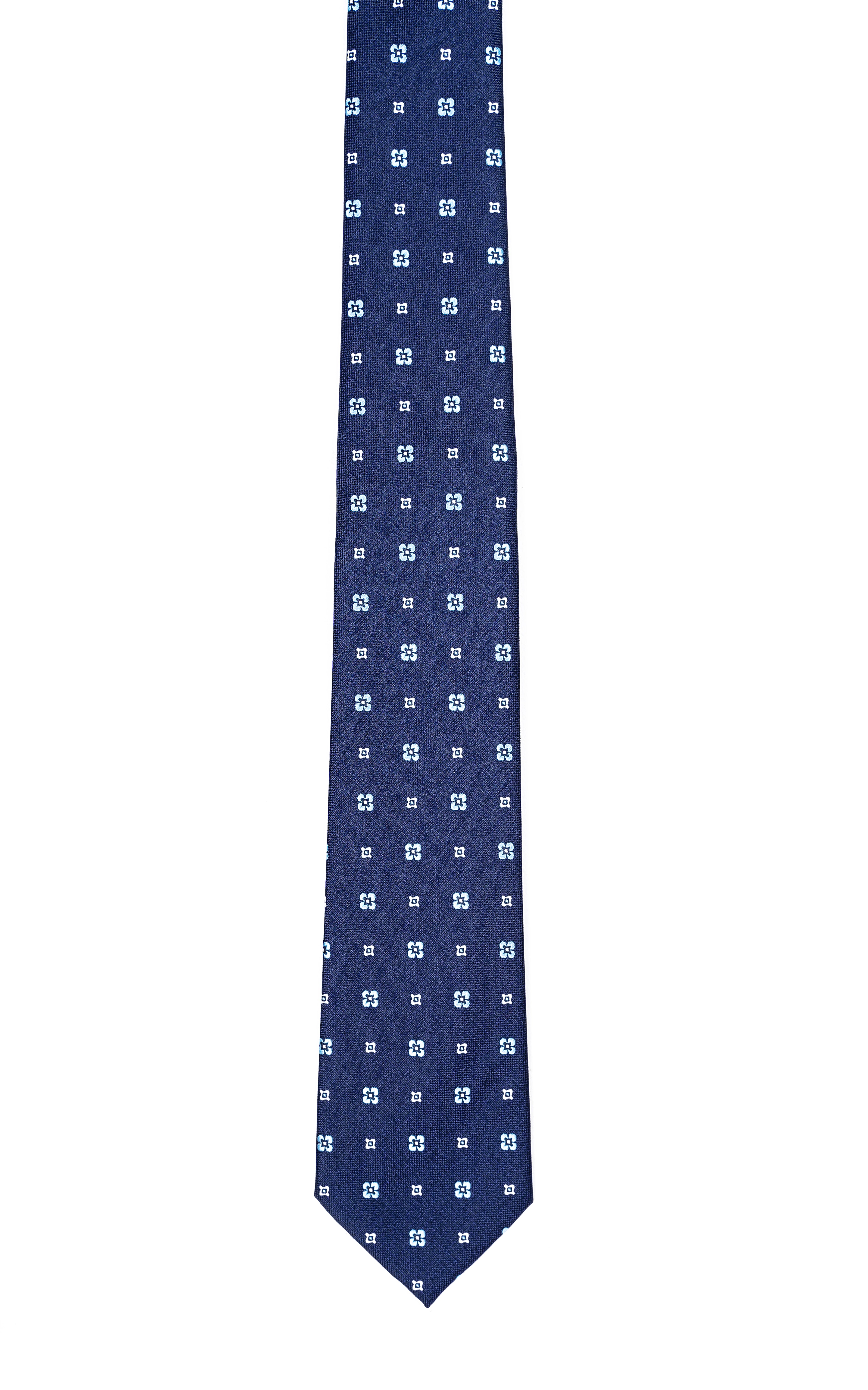 Poly silk tie, dark blue with repeating light geometric dots, straight-on front