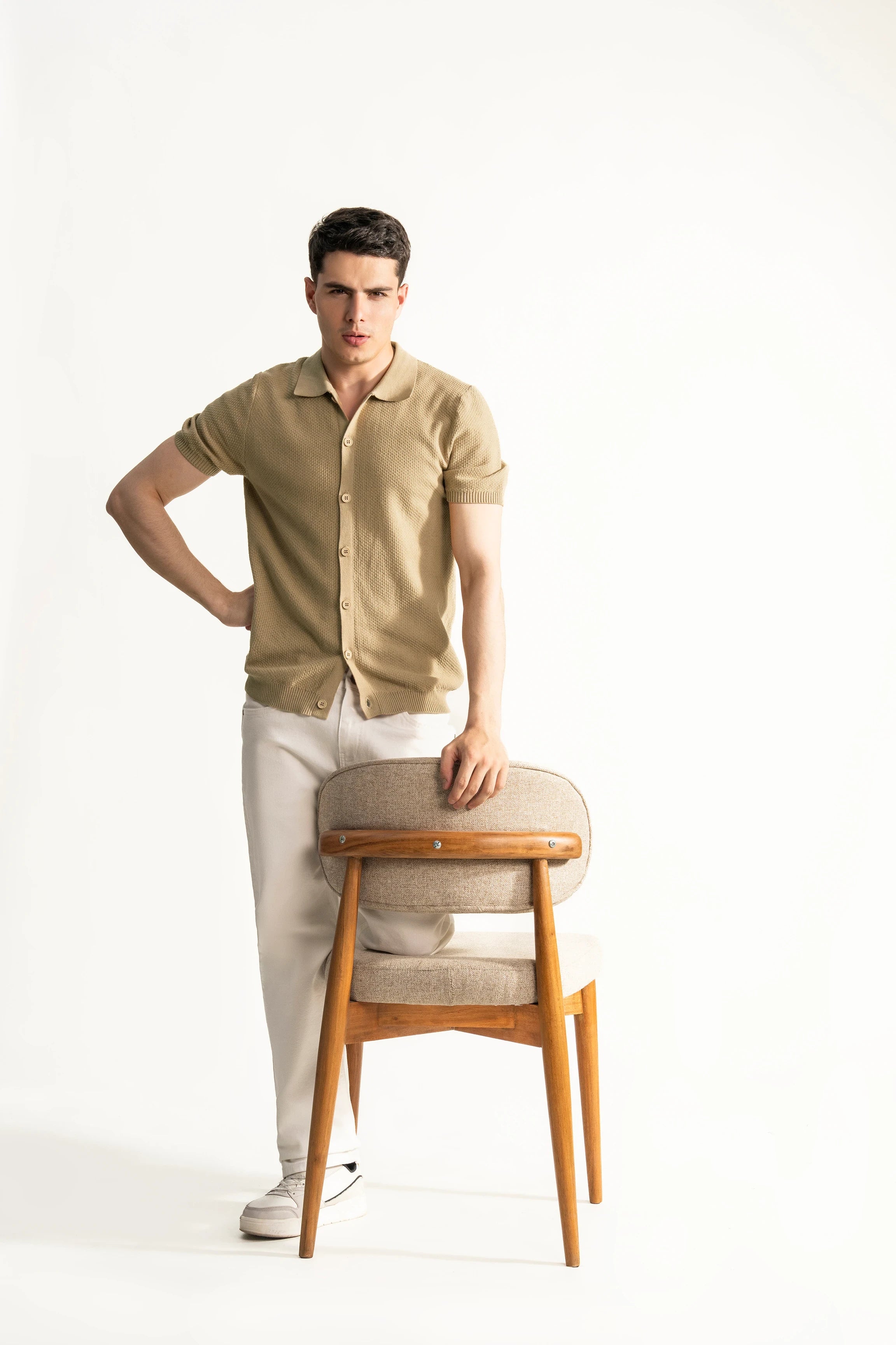 HALF SLEEVE CABLE KNIT CASUAL SHIRT DARK KHAKI