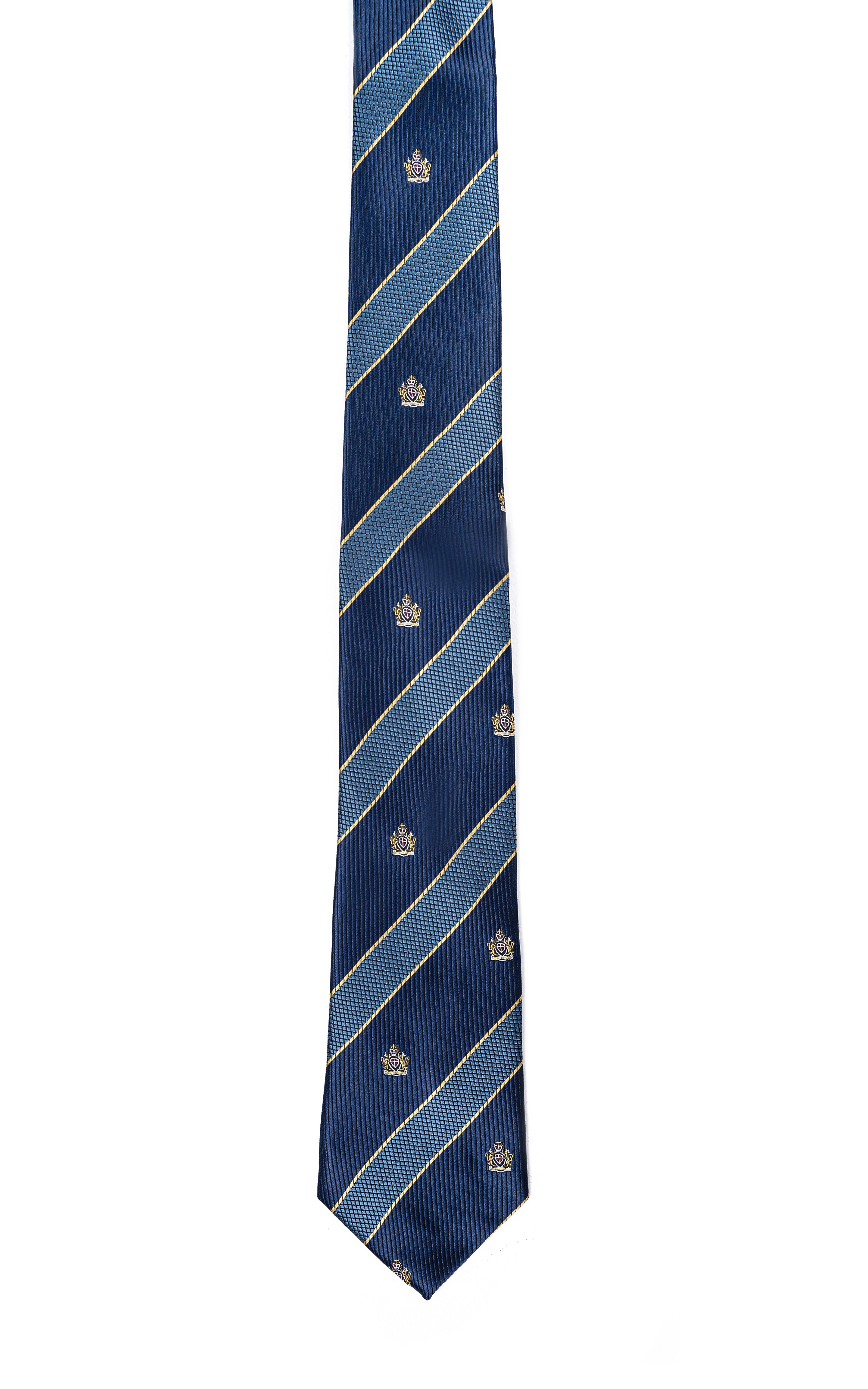 Navy poly silk tie with light blue diagonal stripe bands and small crest motifs