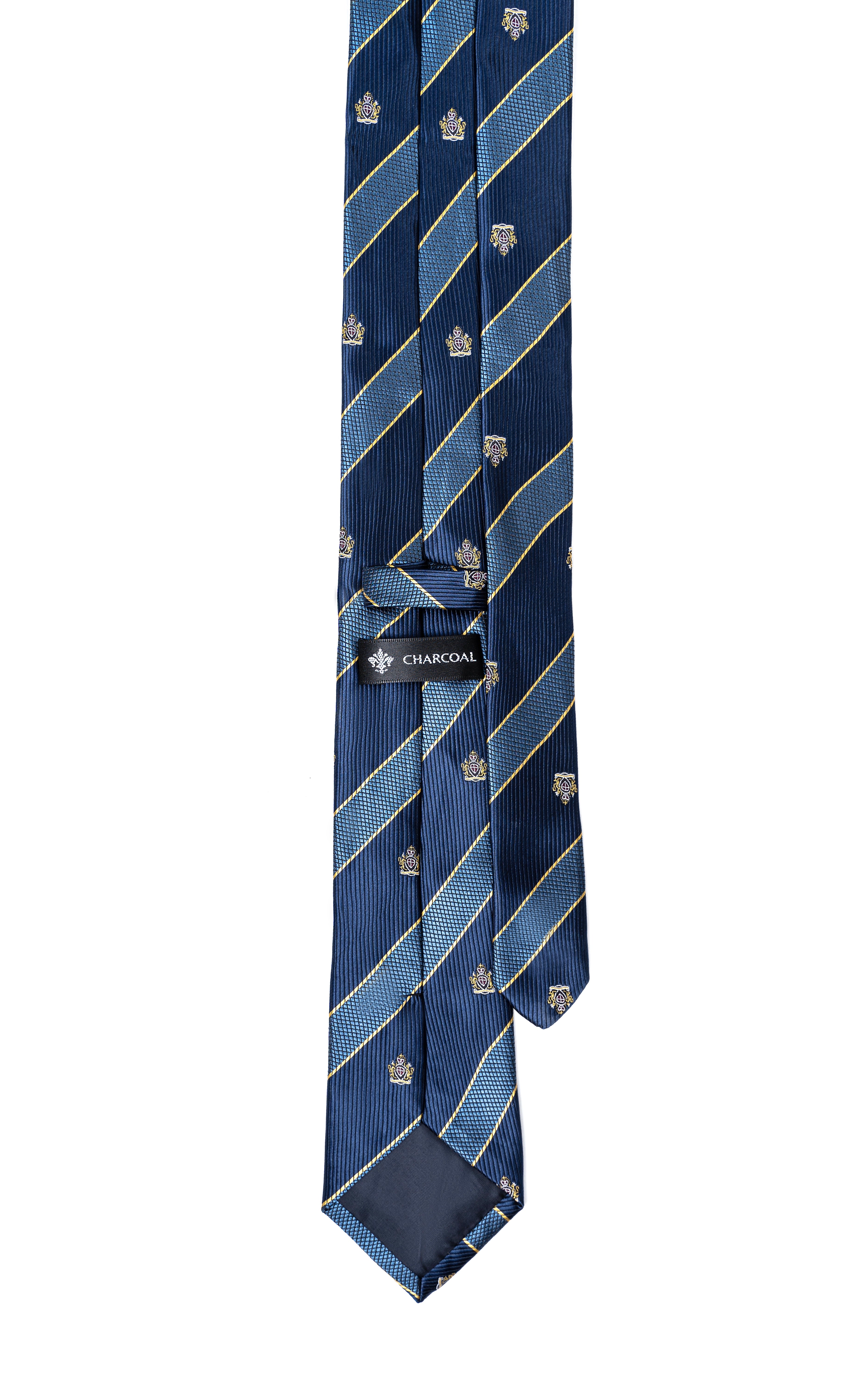Navy poly silk tie with light blue diagonal stripes, crest pattern, and CHARCOAL tag