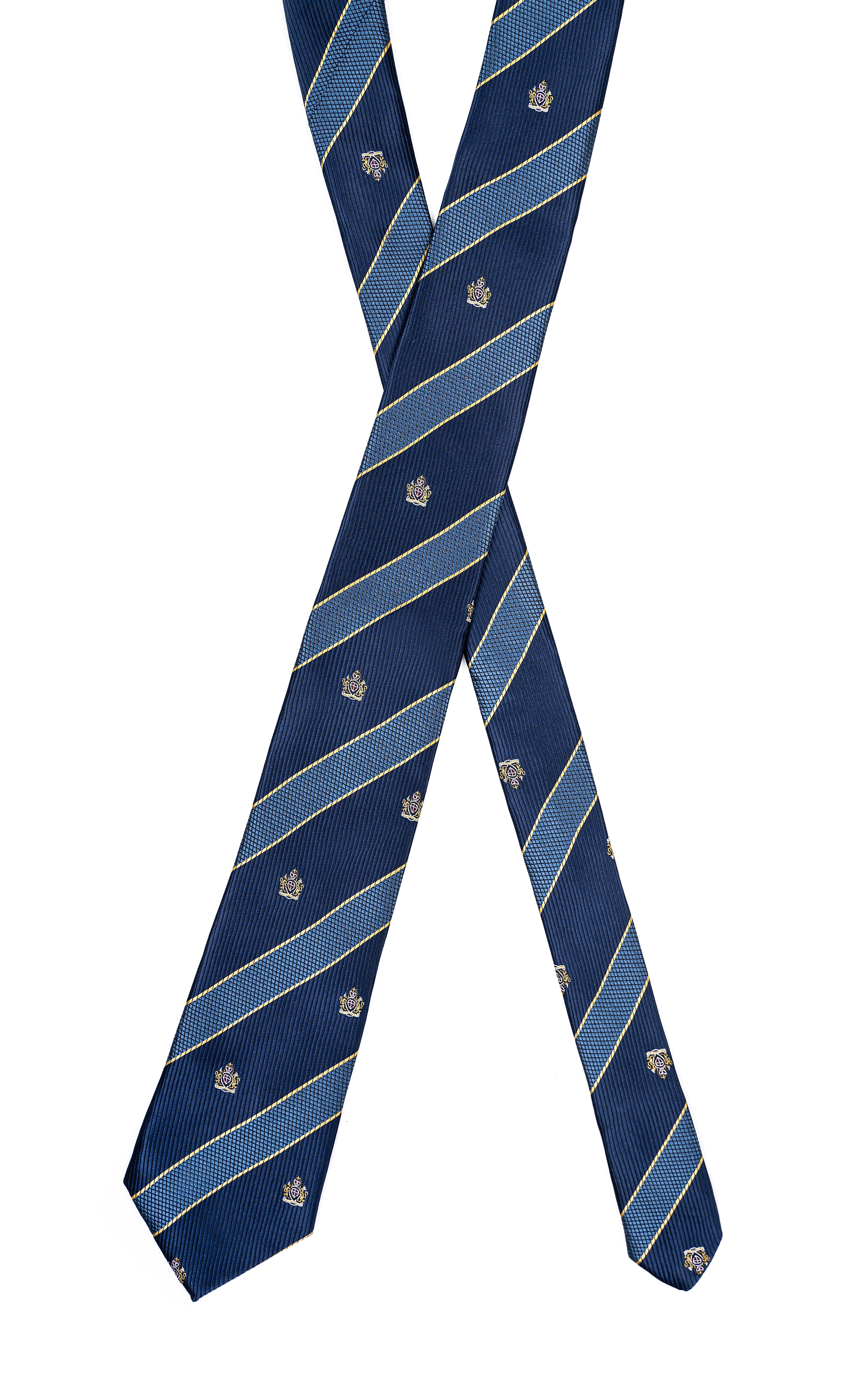 Navy poly silk tie with light blue diagonal stripes and small crest repeat, shown flat