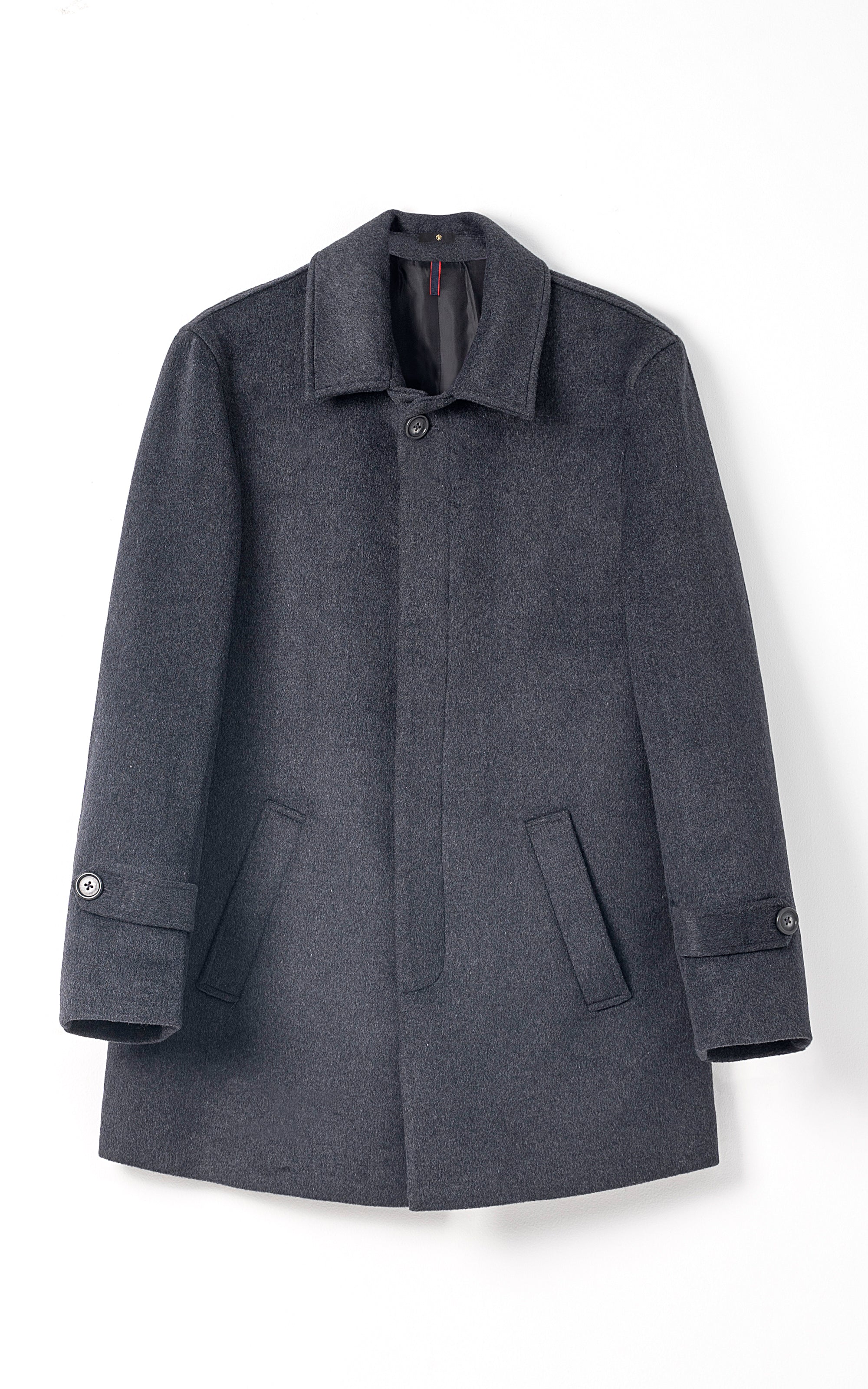 Charcoal long coat with notched collar, button placket, and flap pockets