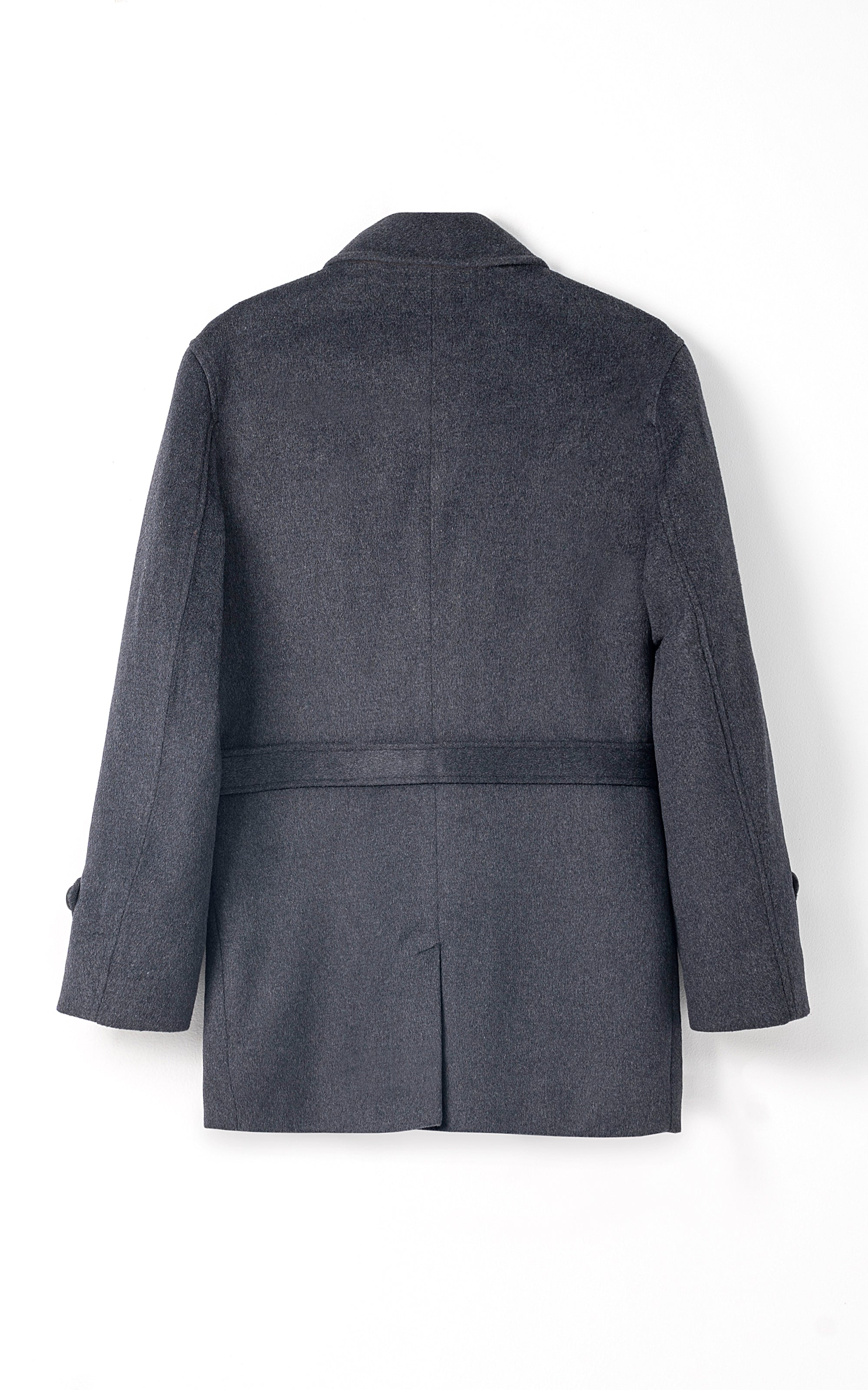 Charcoal long coat back view with center seam and wide waist belt