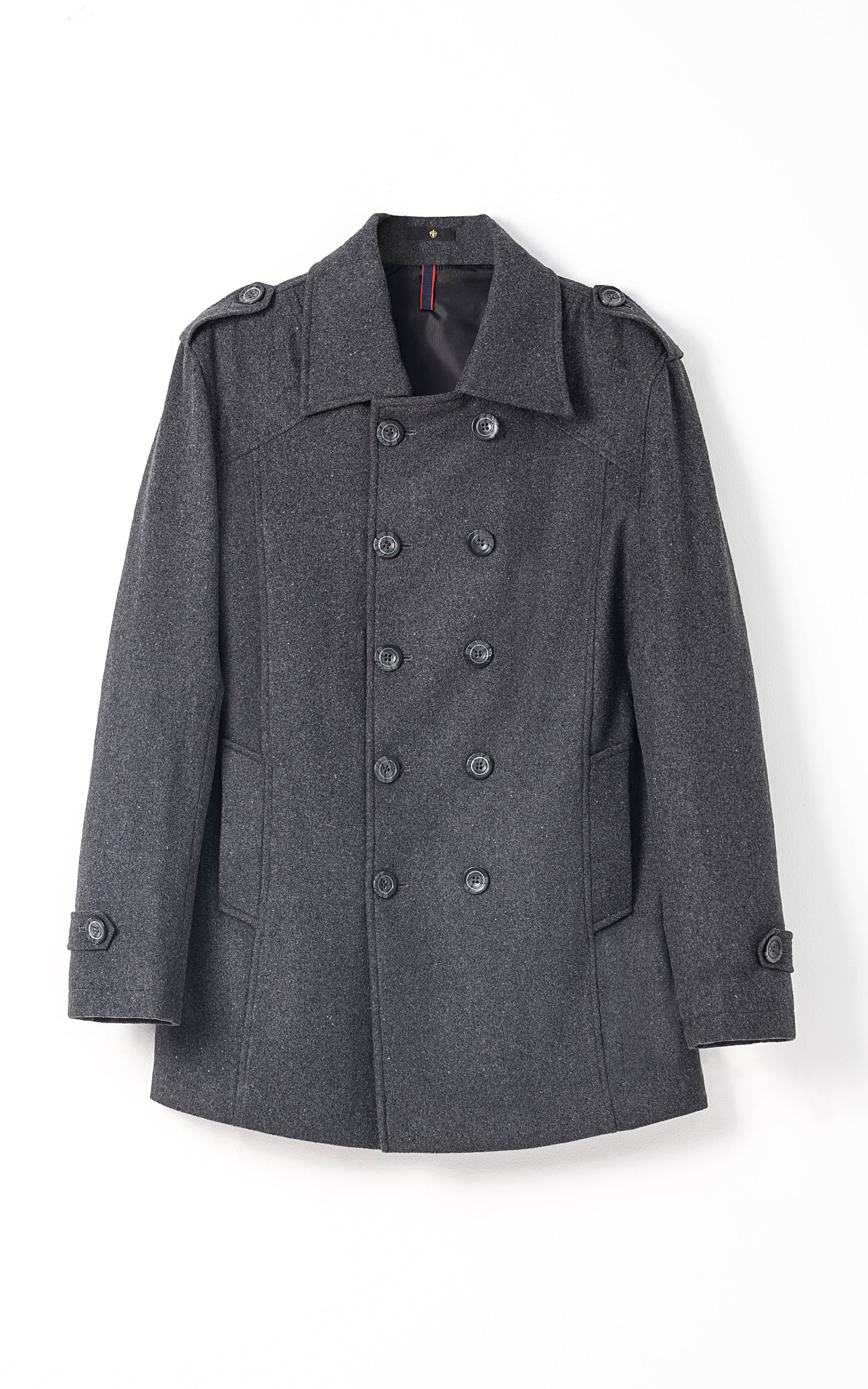 Dark gray double-breasted long coat with notched lapel and button front
