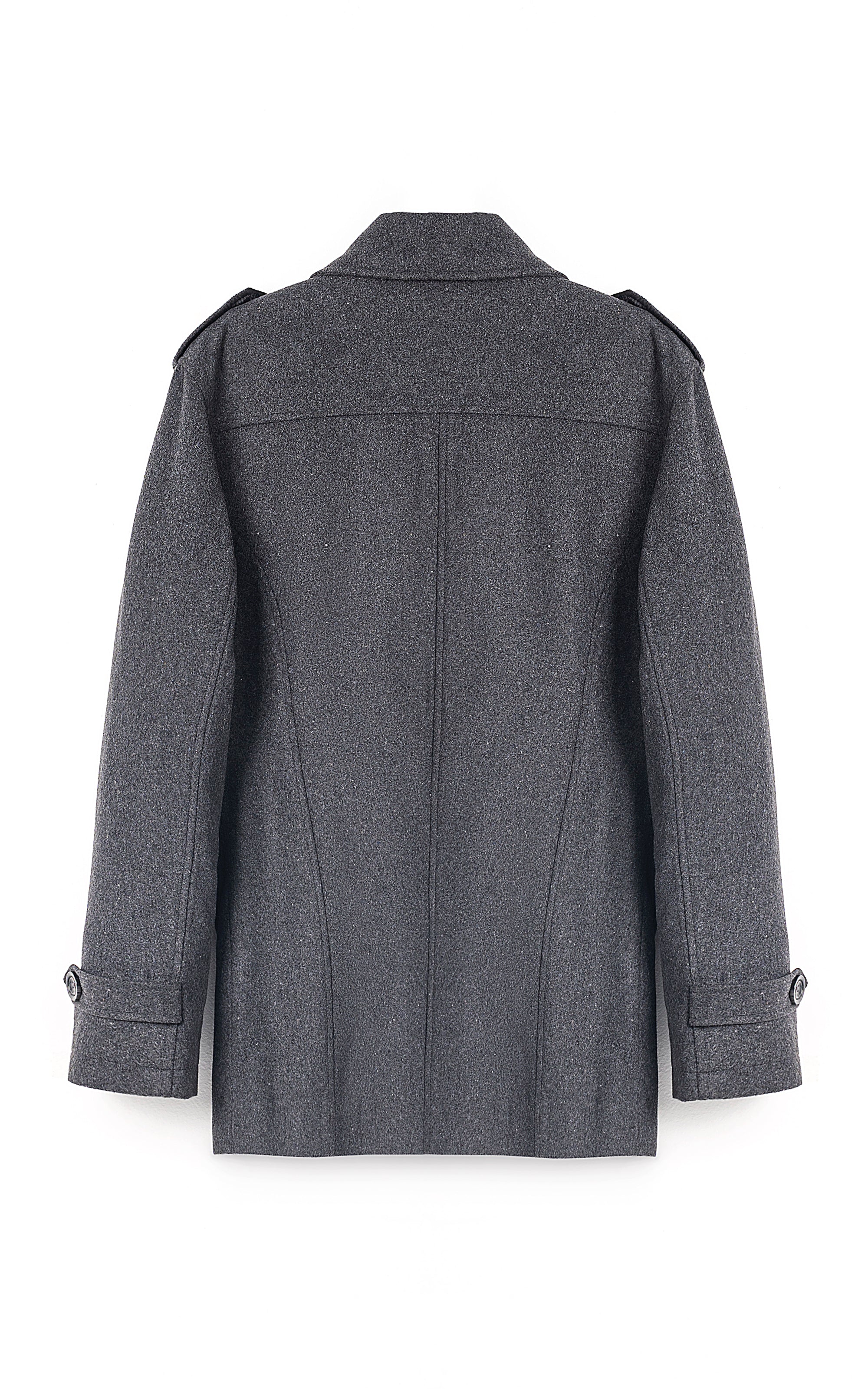 Dark gray long coat with back yoke and straight back panel, button cuffs