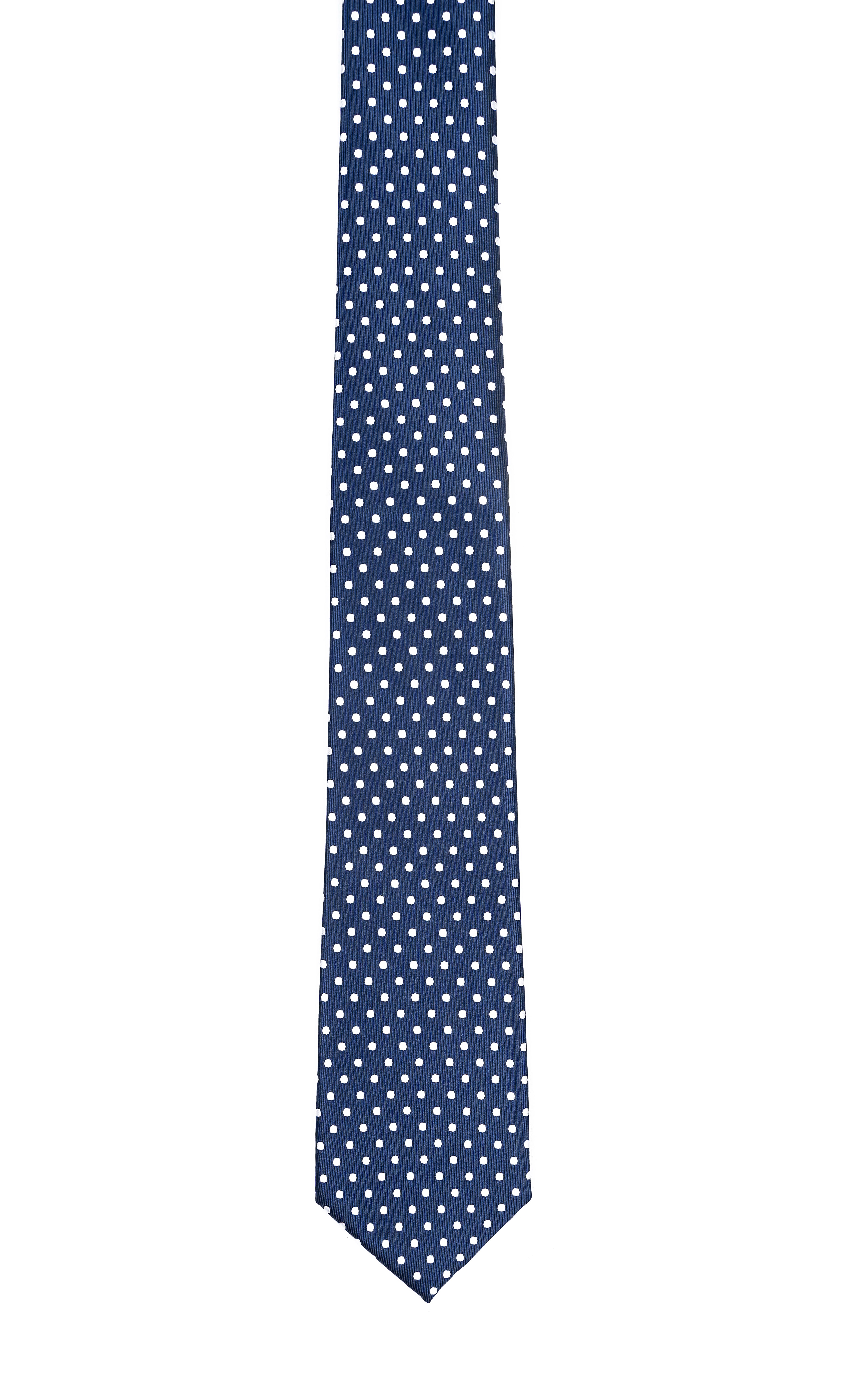 Navy polka-dot necktie with white dot pattern, straight side view.