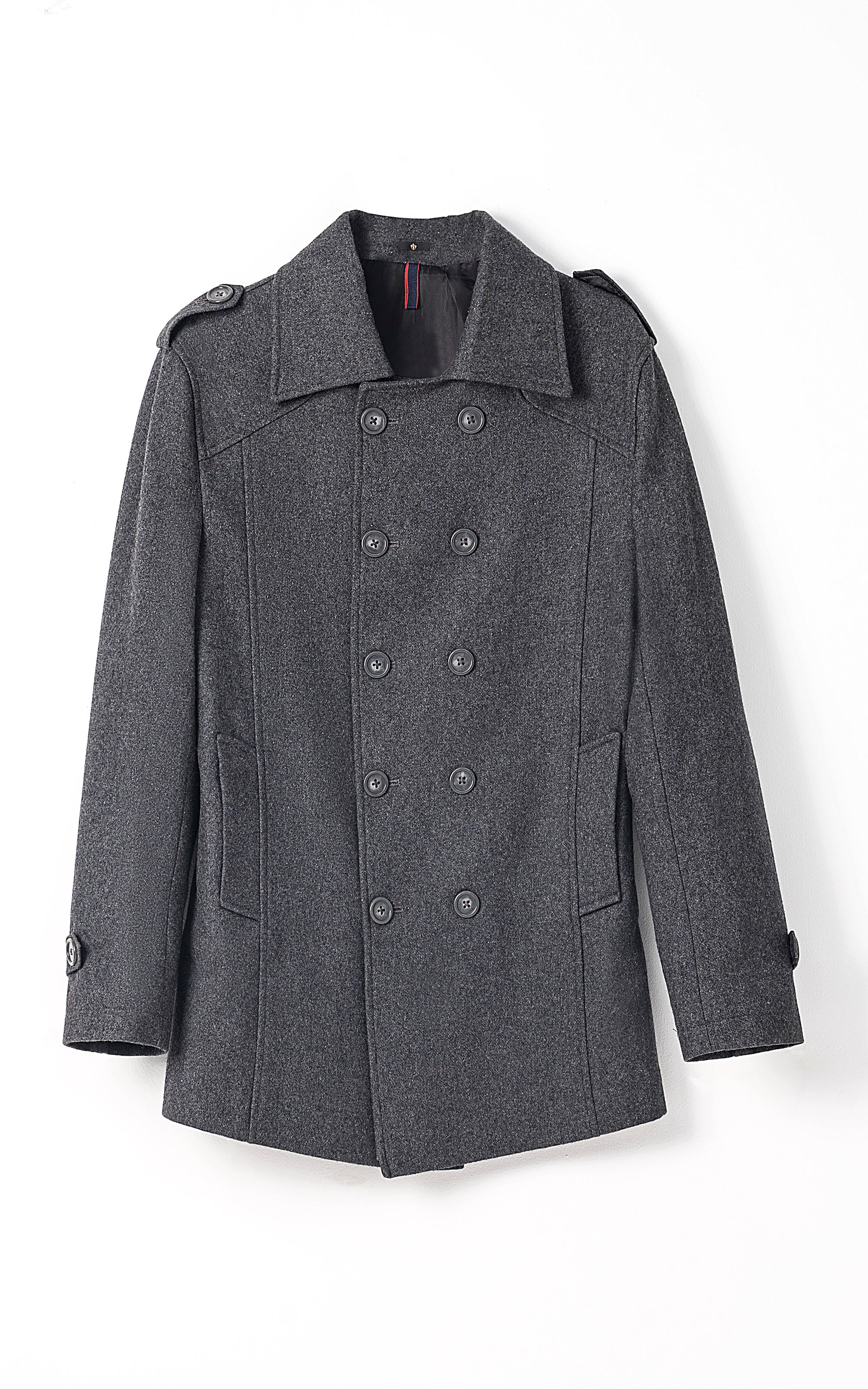 Dark gray long coat with double-breasted buttons, pointed collar, epaulettes