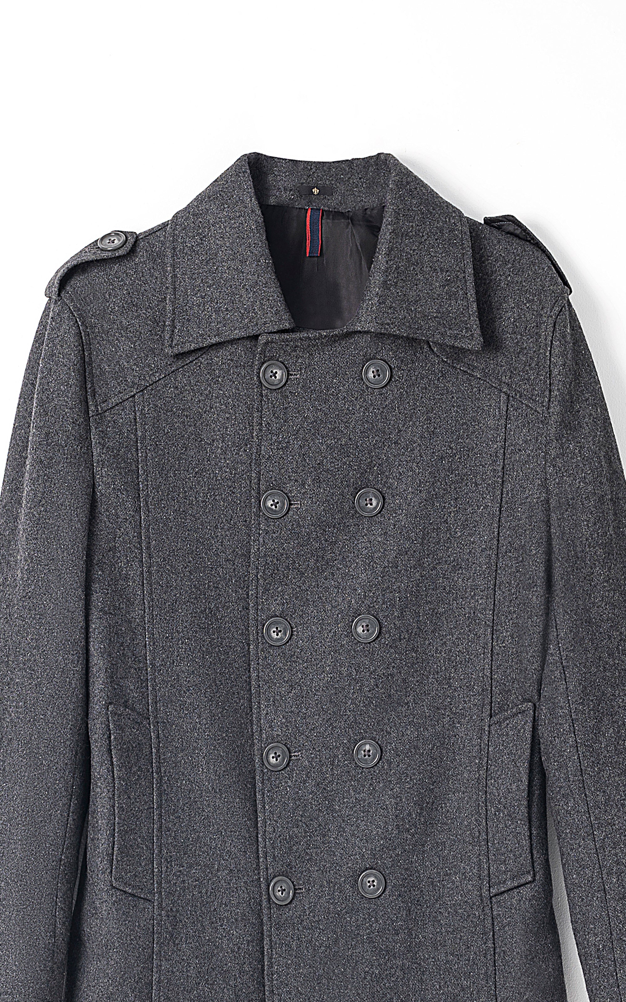 Dark gray long coat front with double-breasted button placket and lapel collar