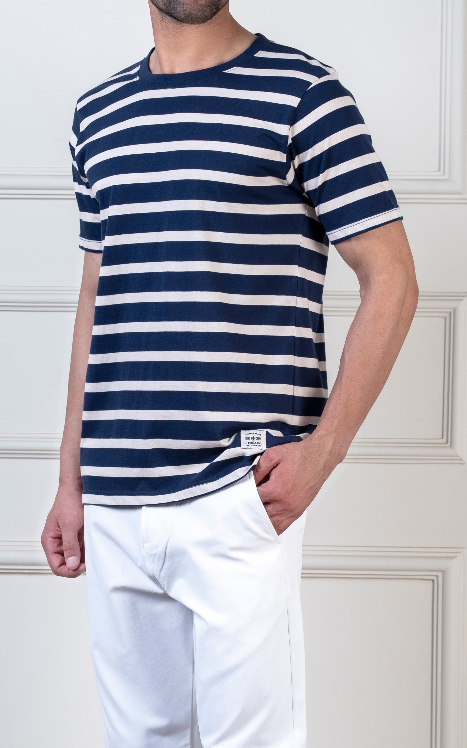 Yarn-dyed striped T-Shirt beige navy