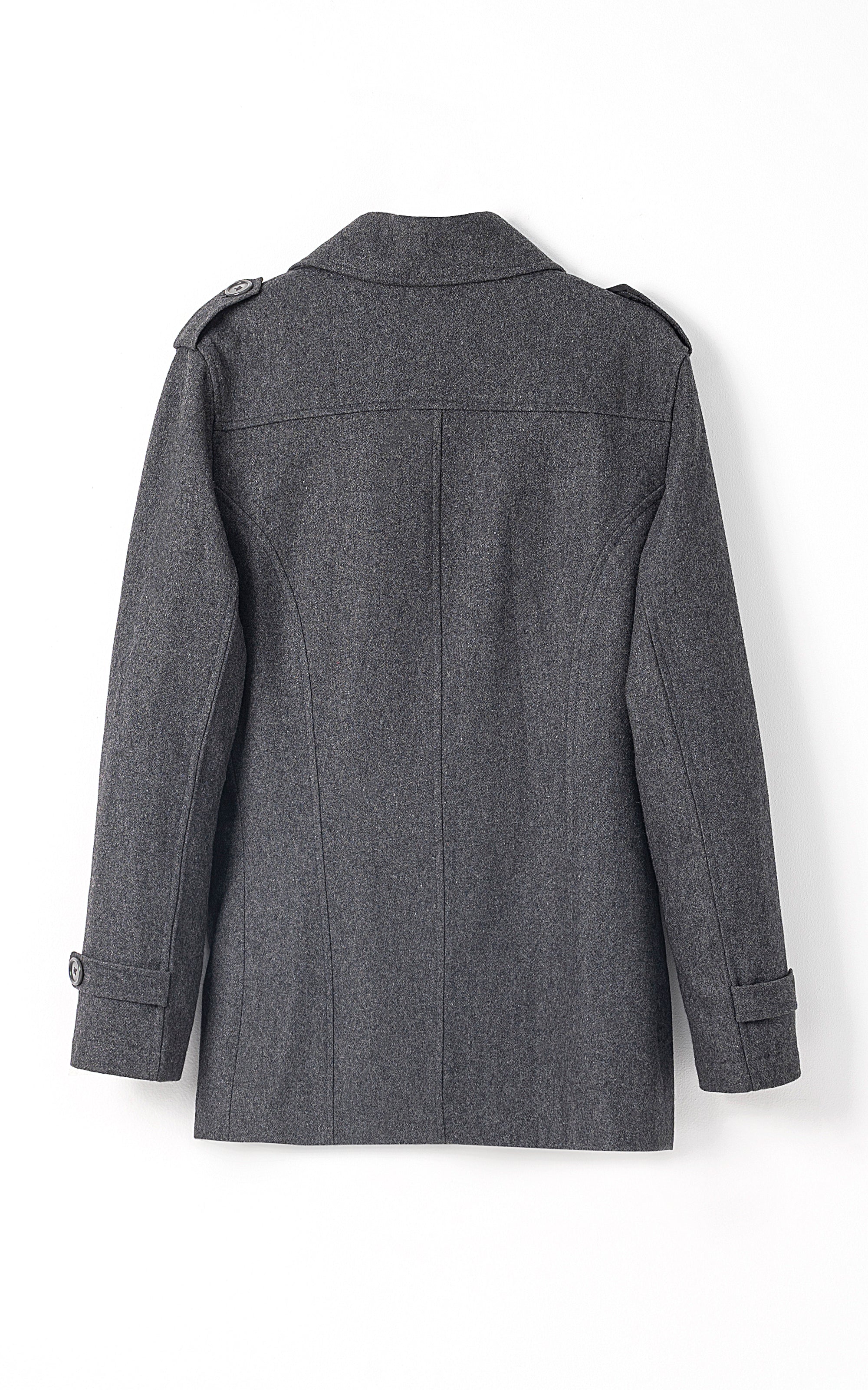 Dark gray long coat back view with center seam and notched cuffs