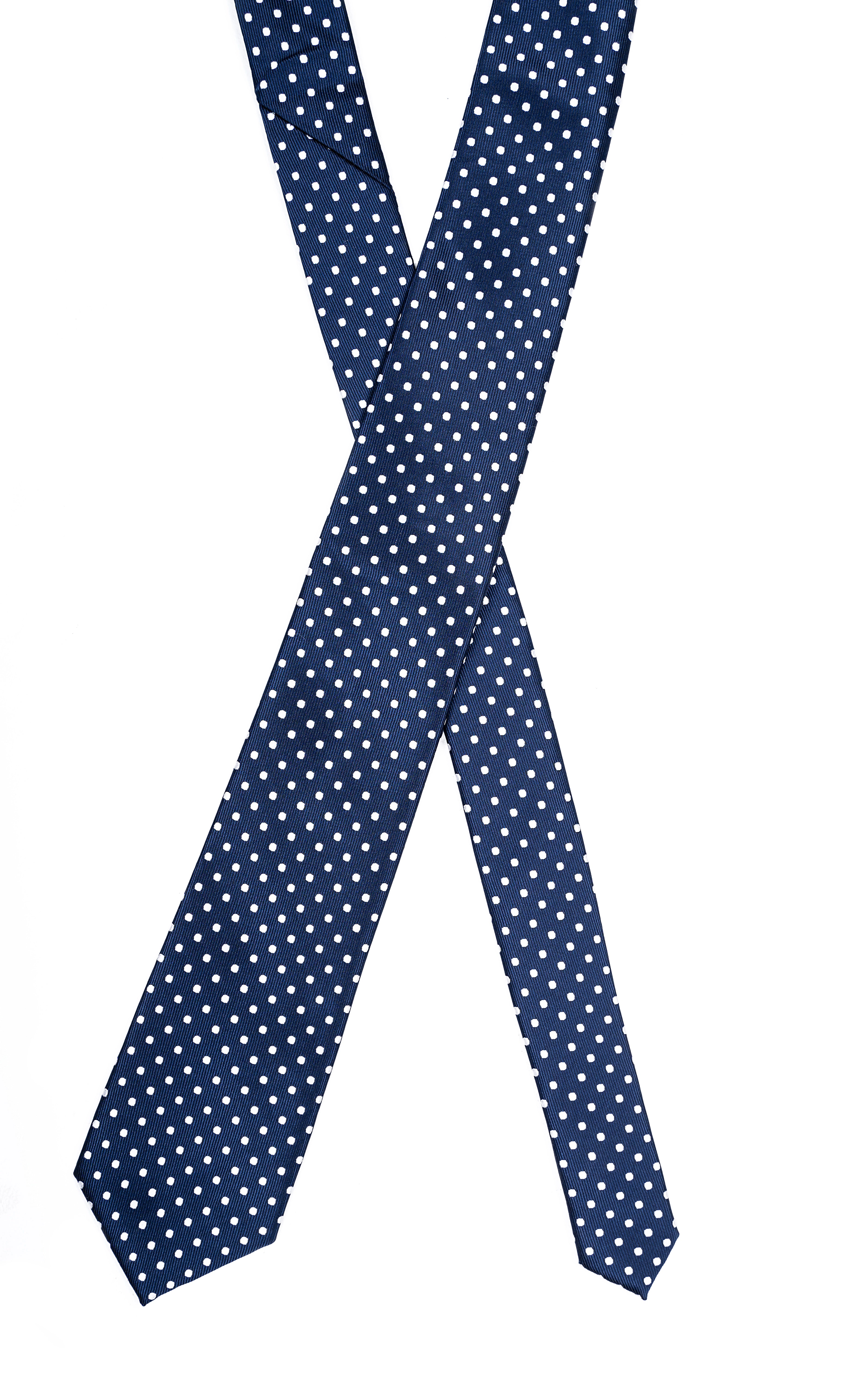 Navy polka-dot necktie with white dots, shown full length.