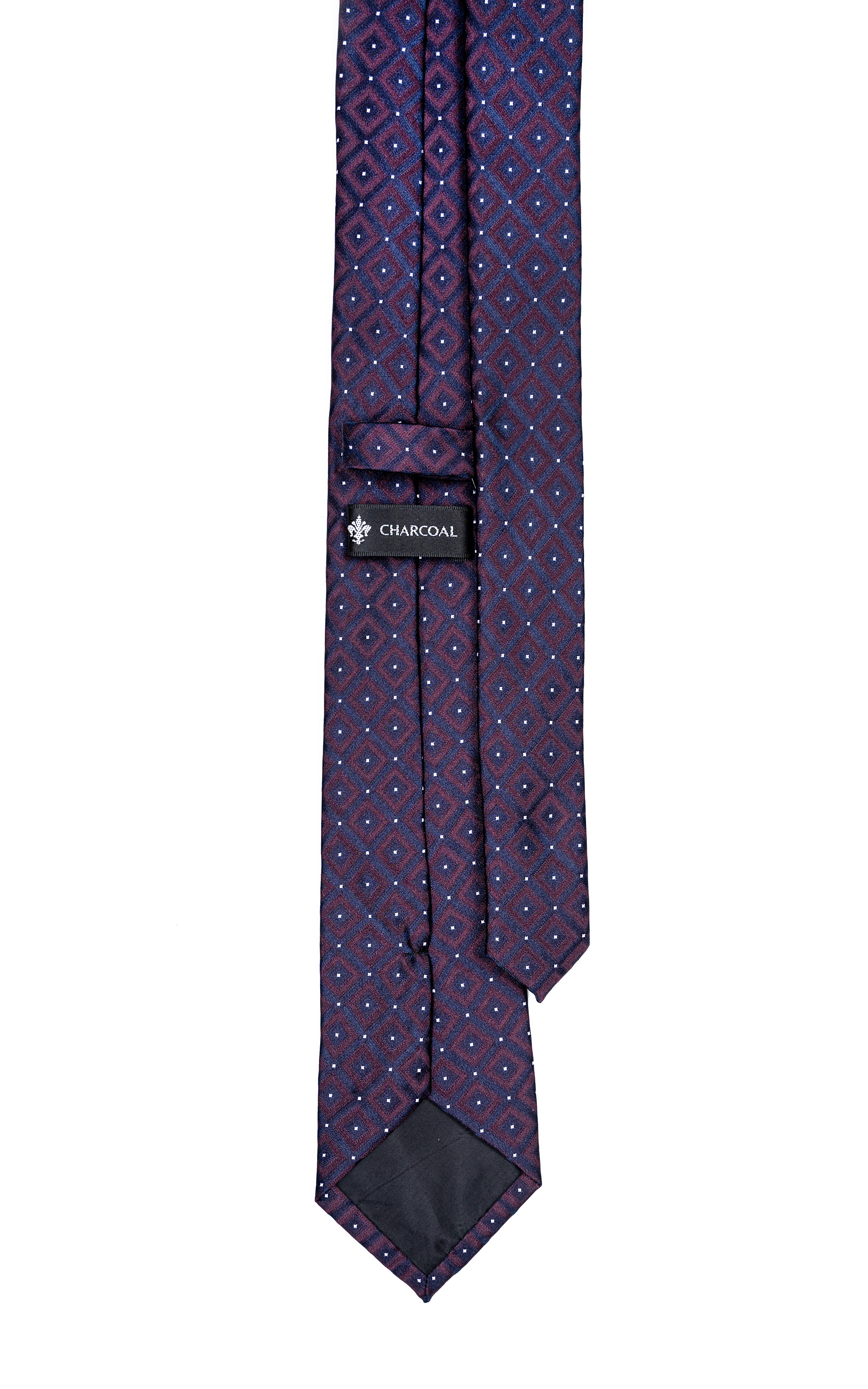 Purple necktie folded with diamond pattern and dark label