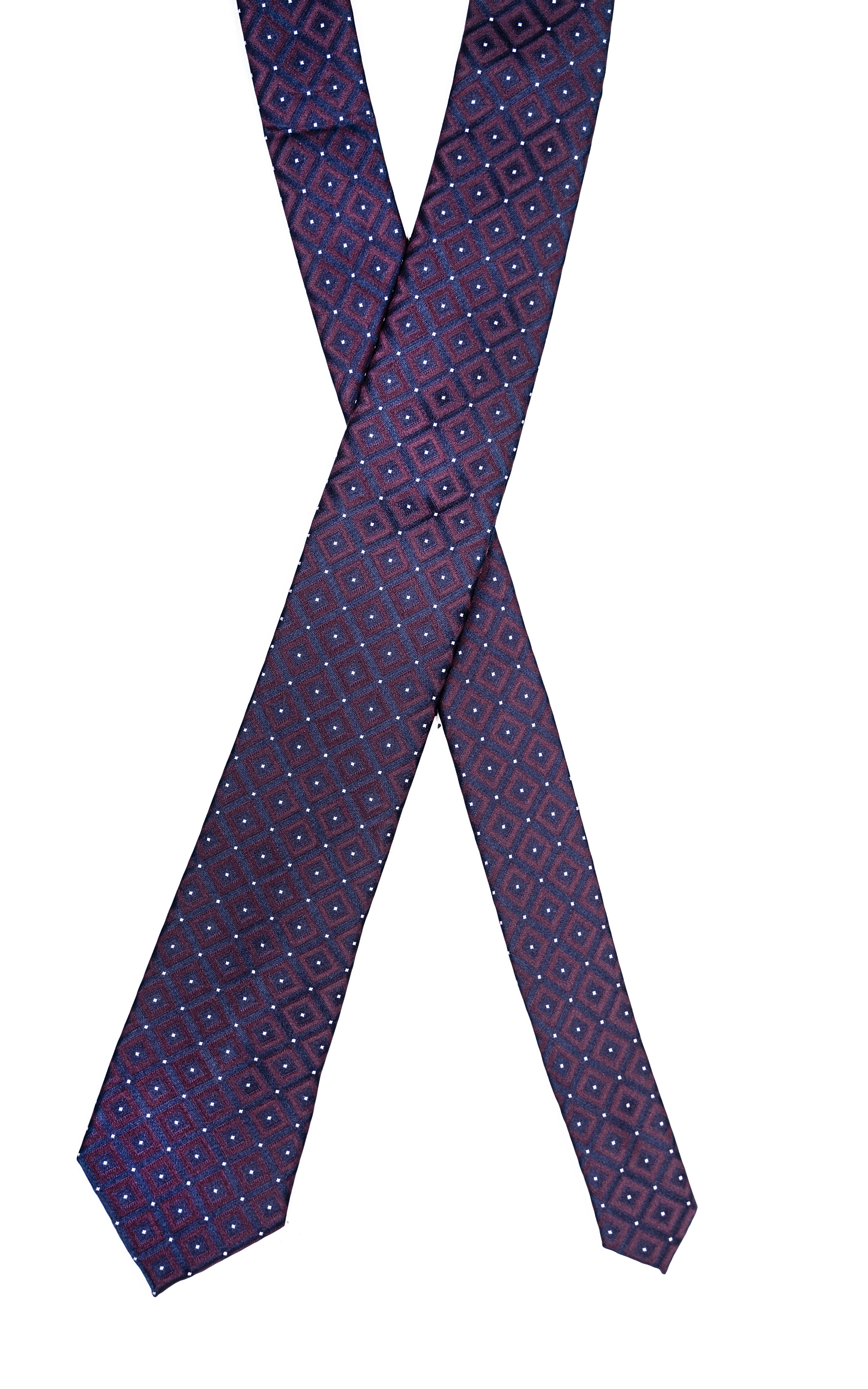 Purple necktie with geometric diamond pattern, slim width