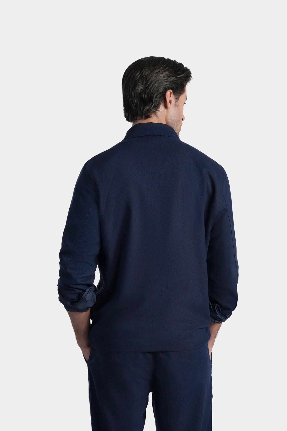 Back view of navy regular-fit shacket with full sleeves and button placket