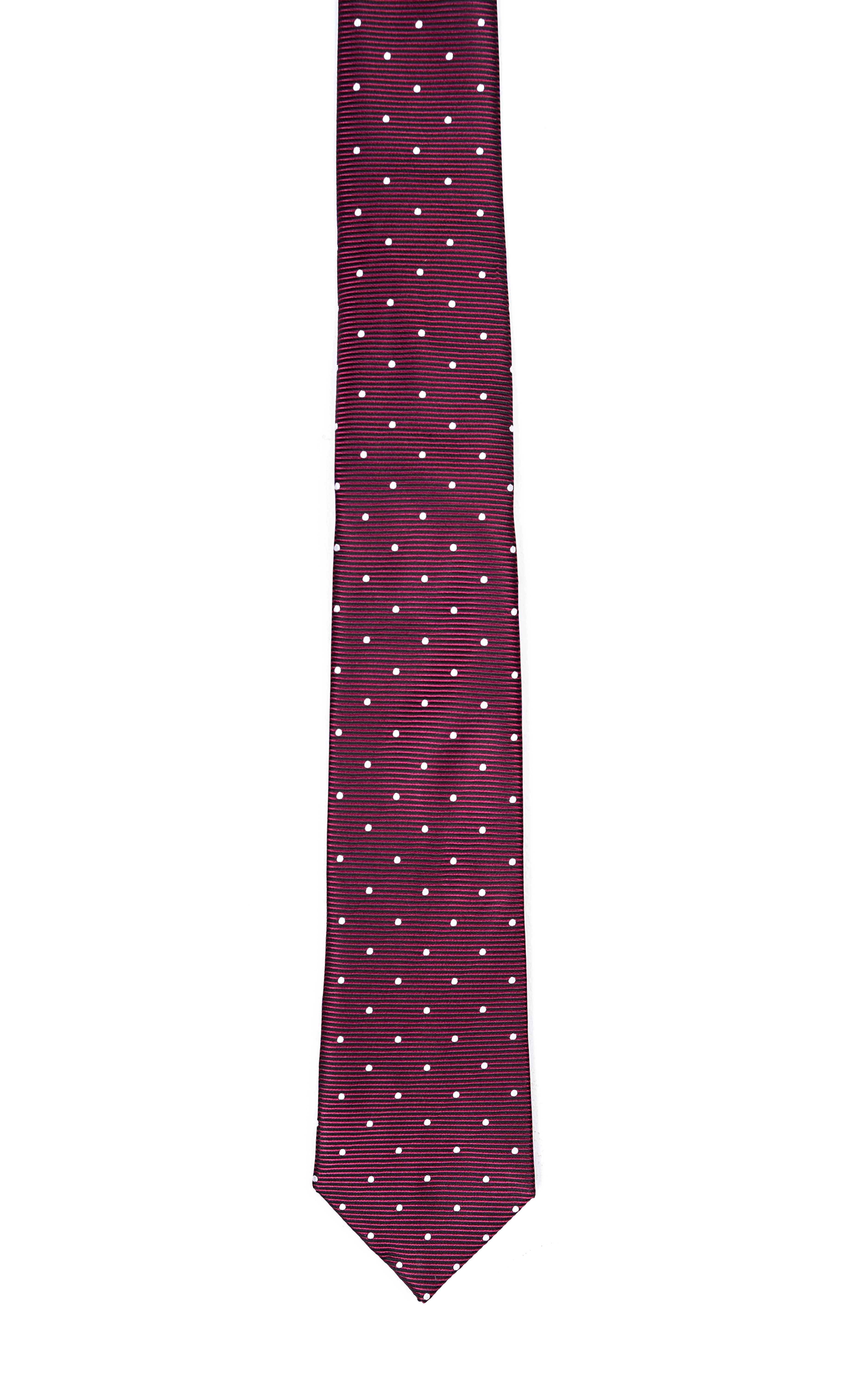 Dark burgundy poly silk tie with small white dot pattern and narrow end.