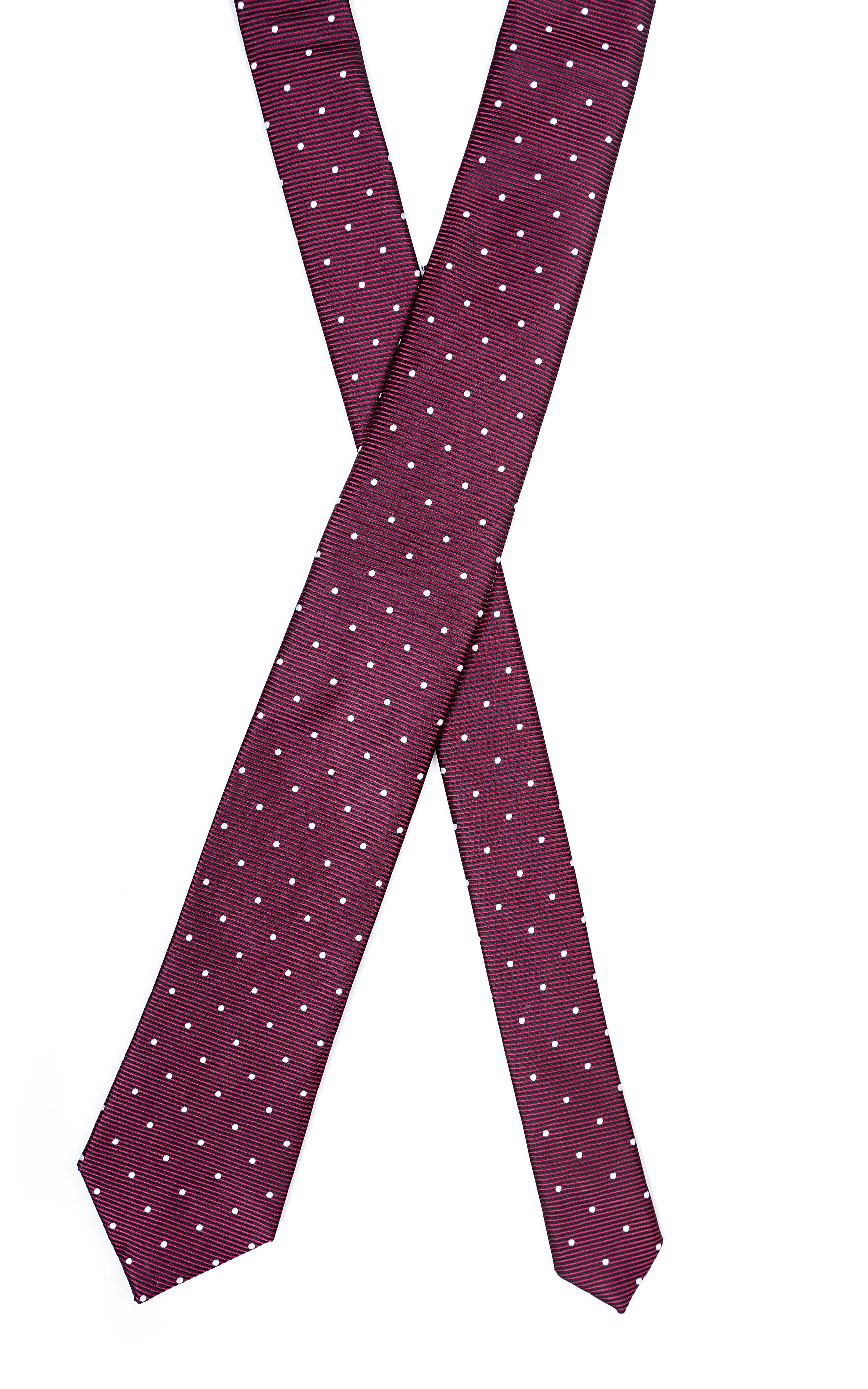 Burgundy poly silk tie with scattered small white dots, crossed tie view.