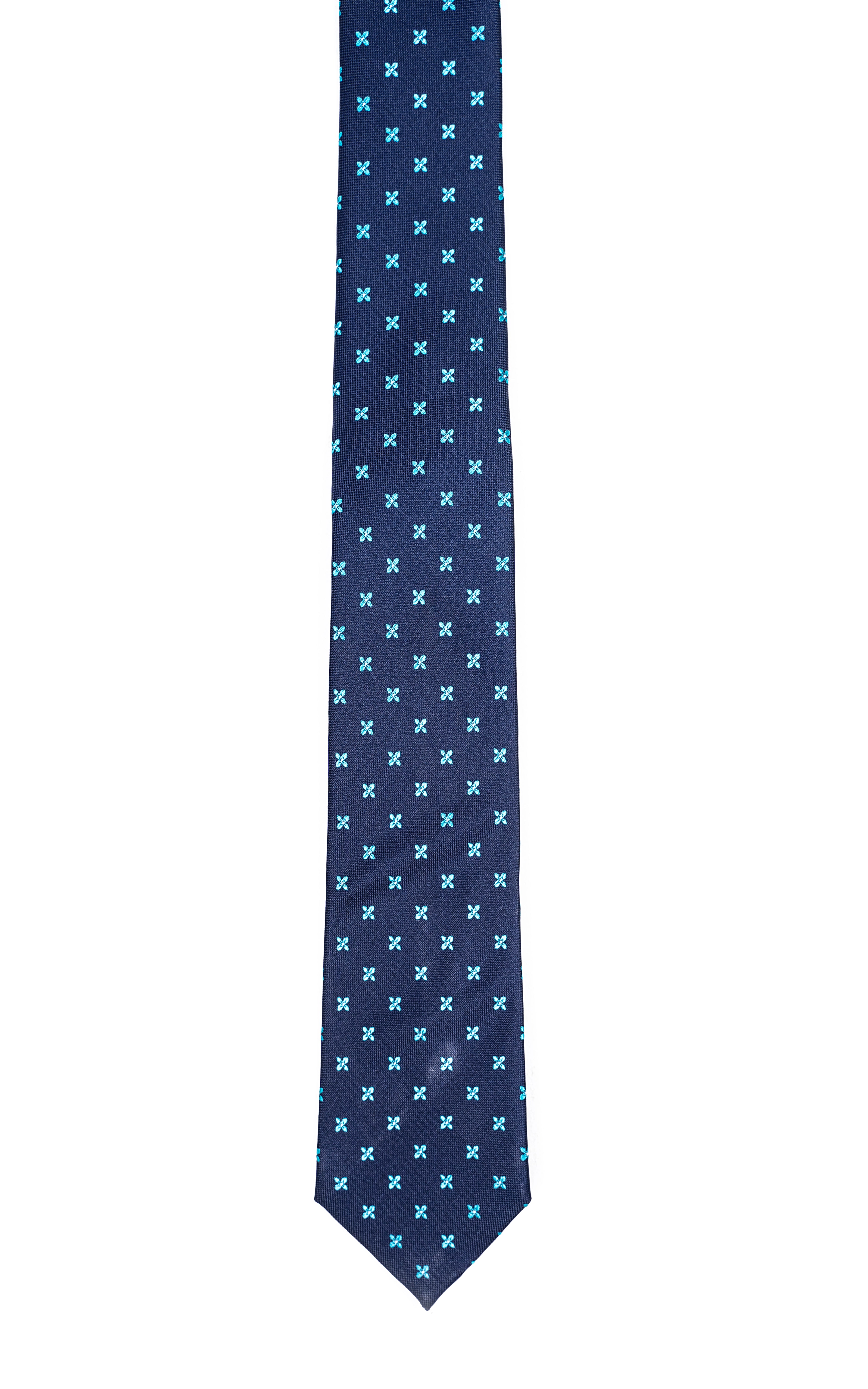 Blue polyester tie with small teal clover pattern, narrow width and pointed tip.