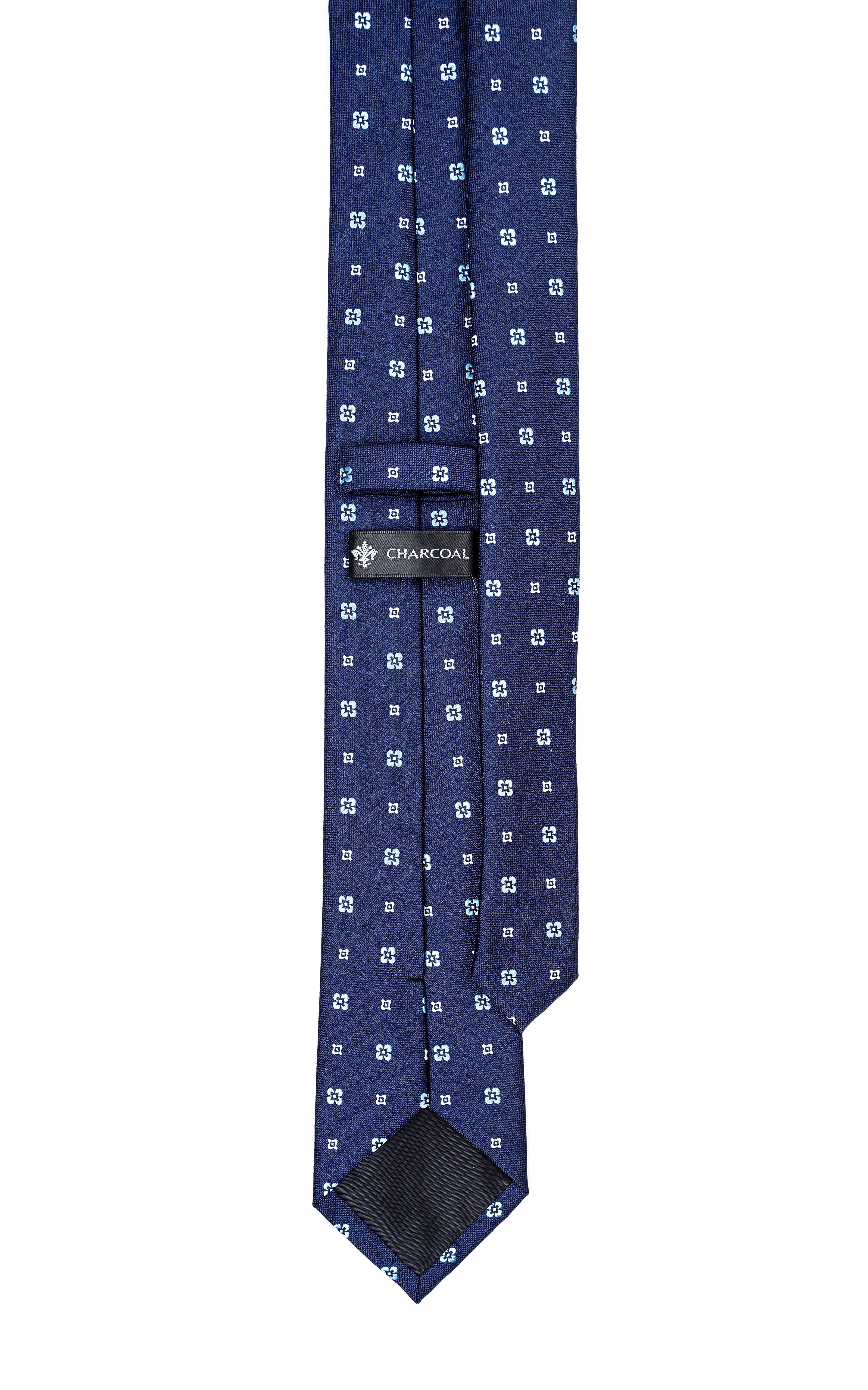 Poly silk tie, dark blue geometric pattern with CHARCOAL brand tab at center