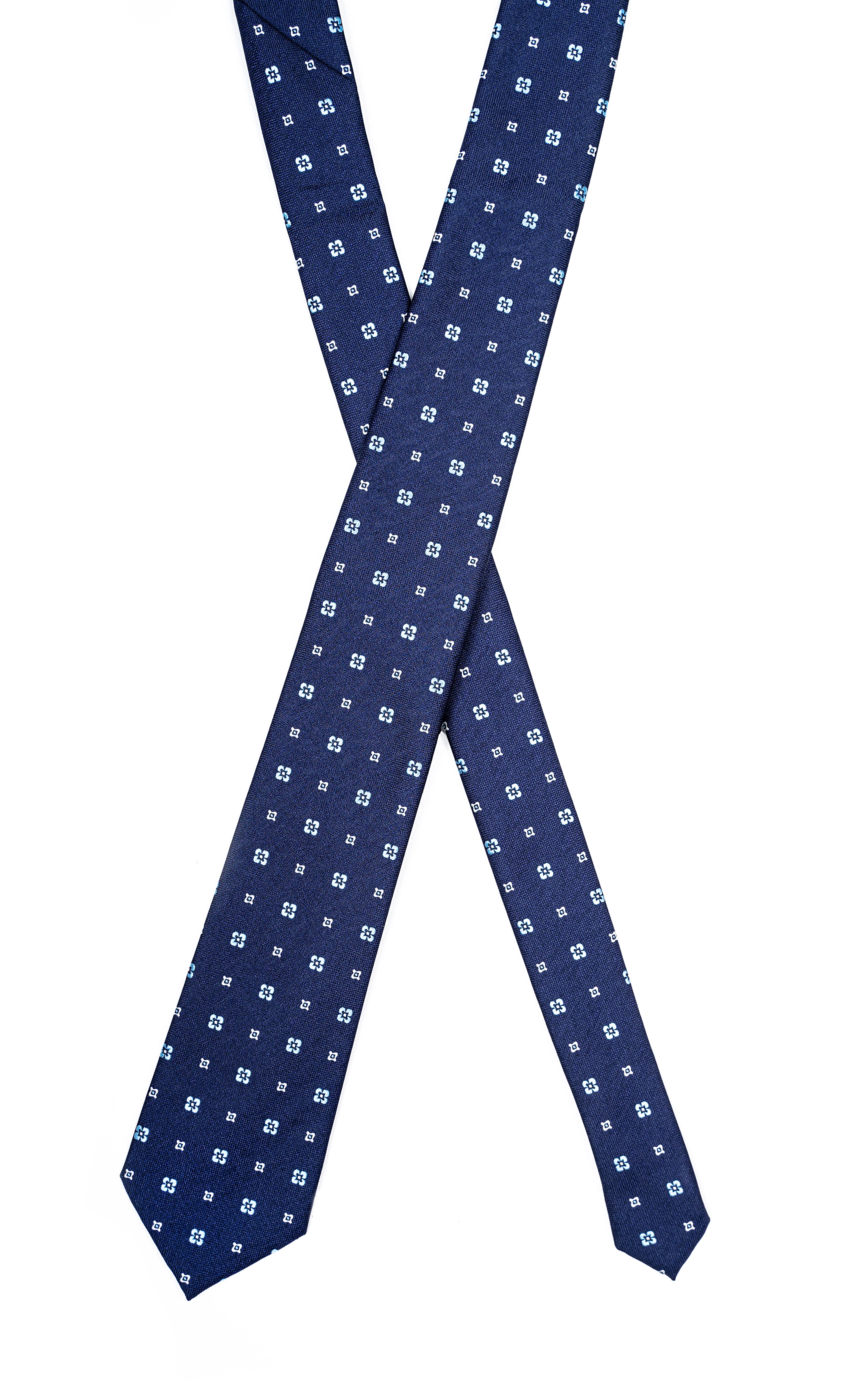 Poly silk tie, dark blue with repeating small light squares, V-shape view