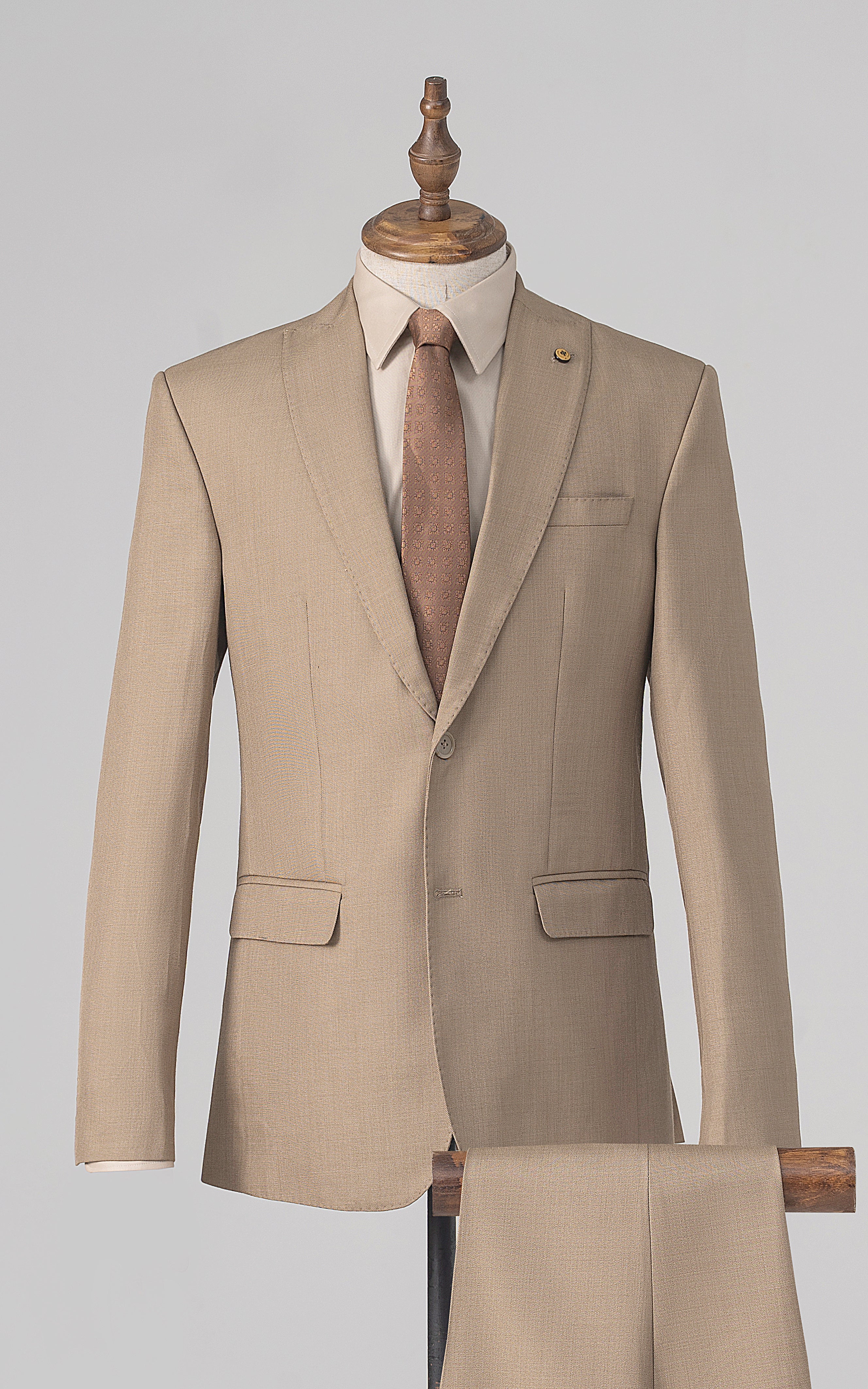 Khaki two-piece suit with matching jacket and trousers, notch lapels, front pockets
