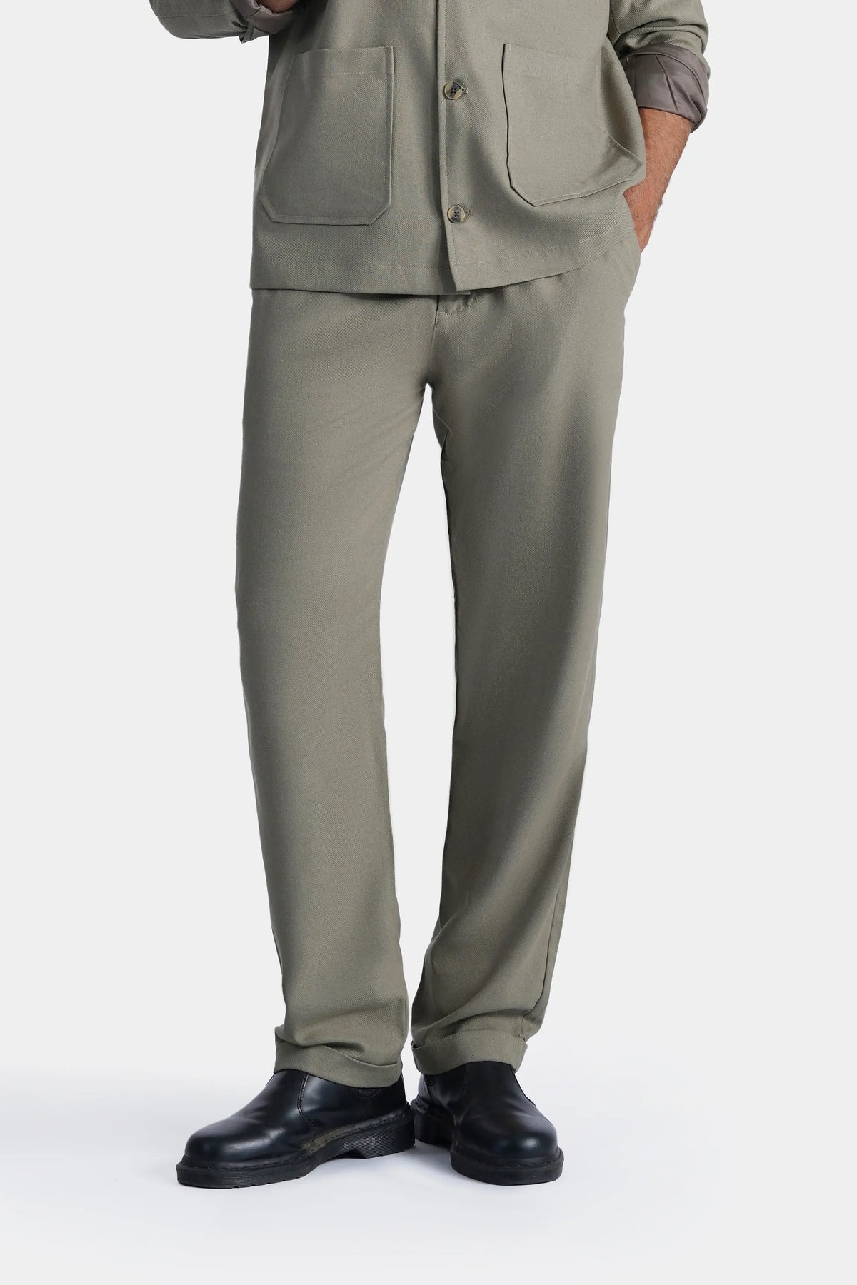 Light olive straight-fit trousers with front crease and side pockets
