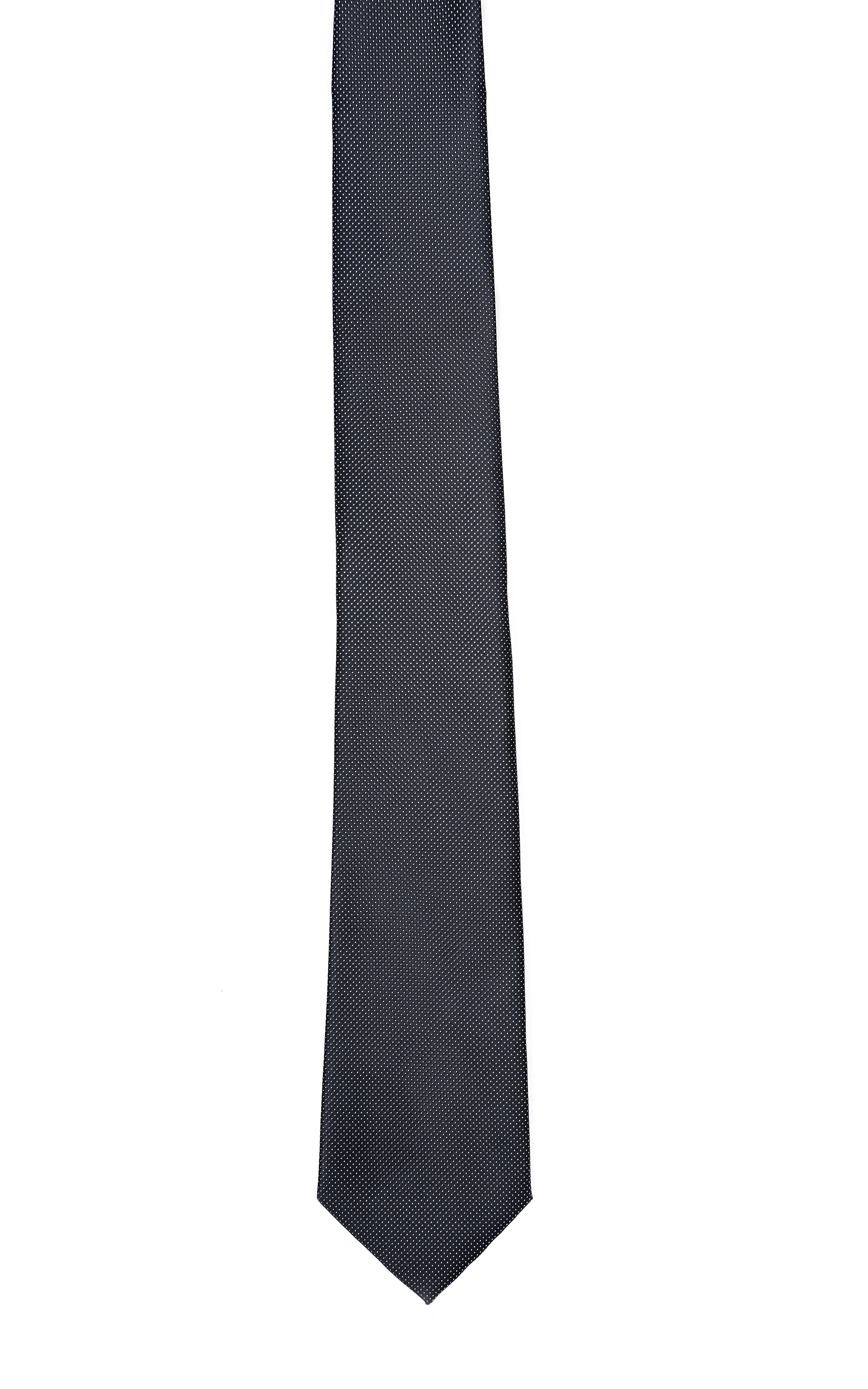 Poly silk tie, dark charcoal woven texture, straight hanging end