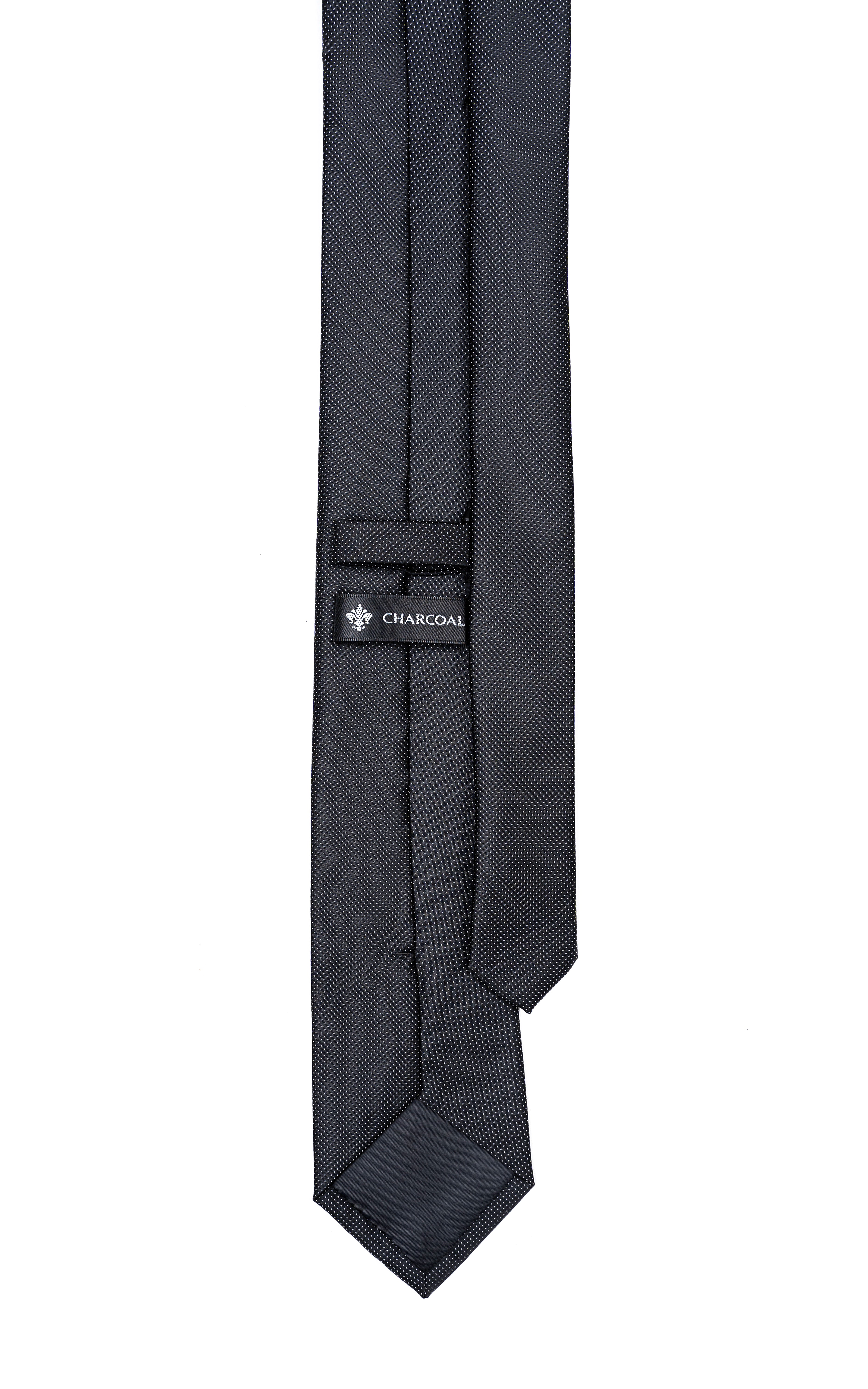 Poly silk tie with dark charcoal keeper and label reading CHARCOAL