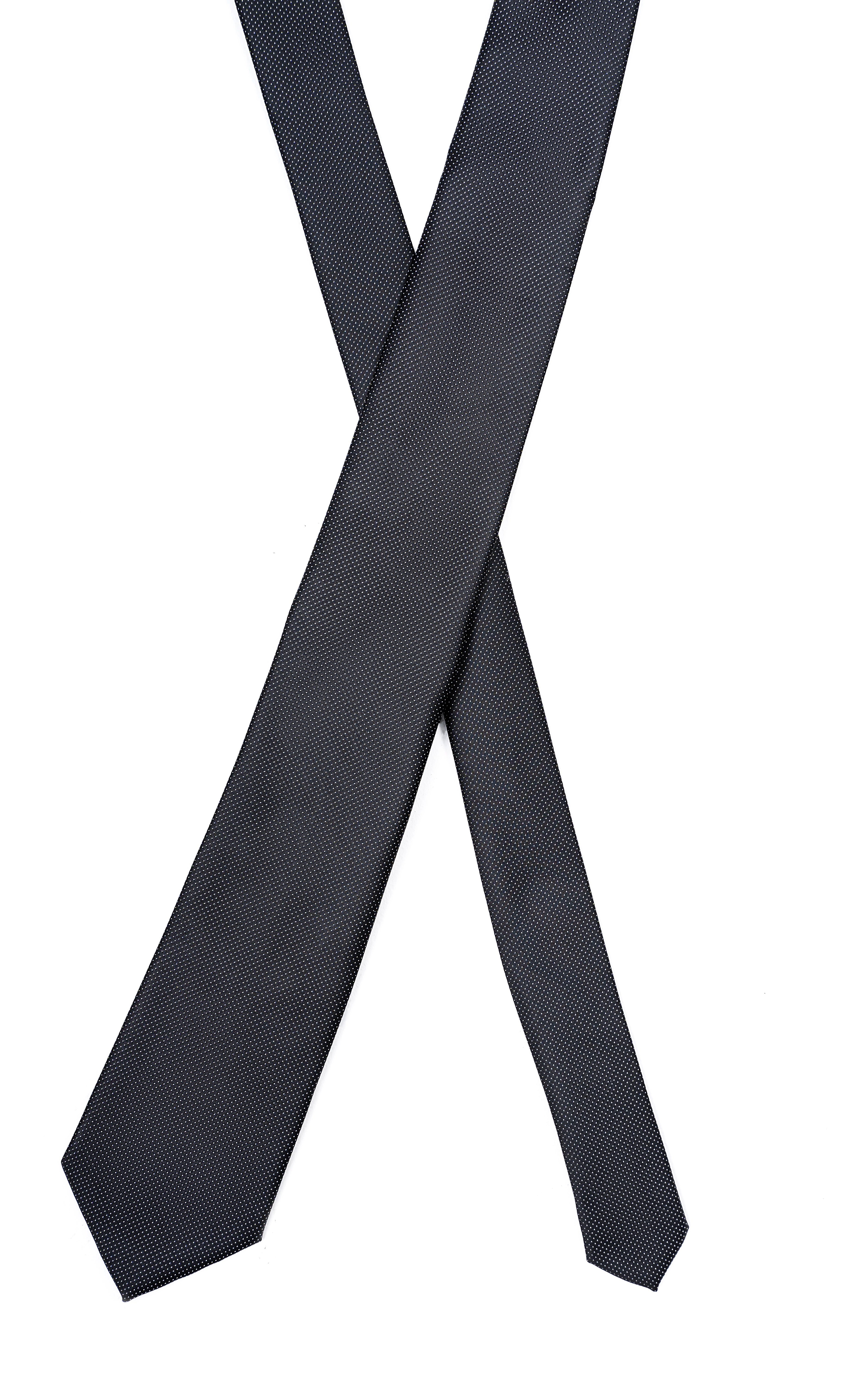 Poly silk tie, dark charcoal woven fabric, crossed view