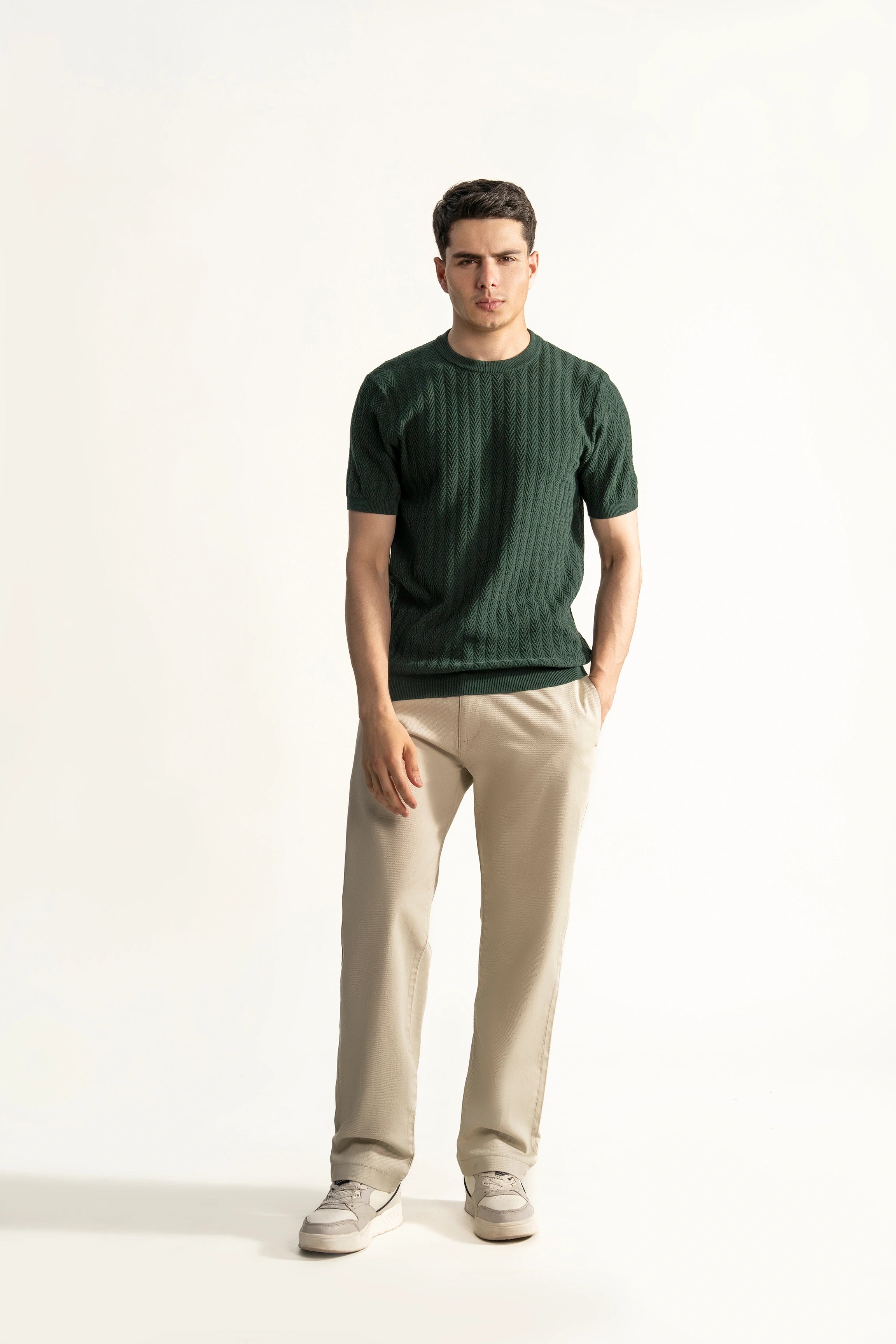 SWEATER KNIT SELF STRIPED CREW NECK T SHIRT GREEN