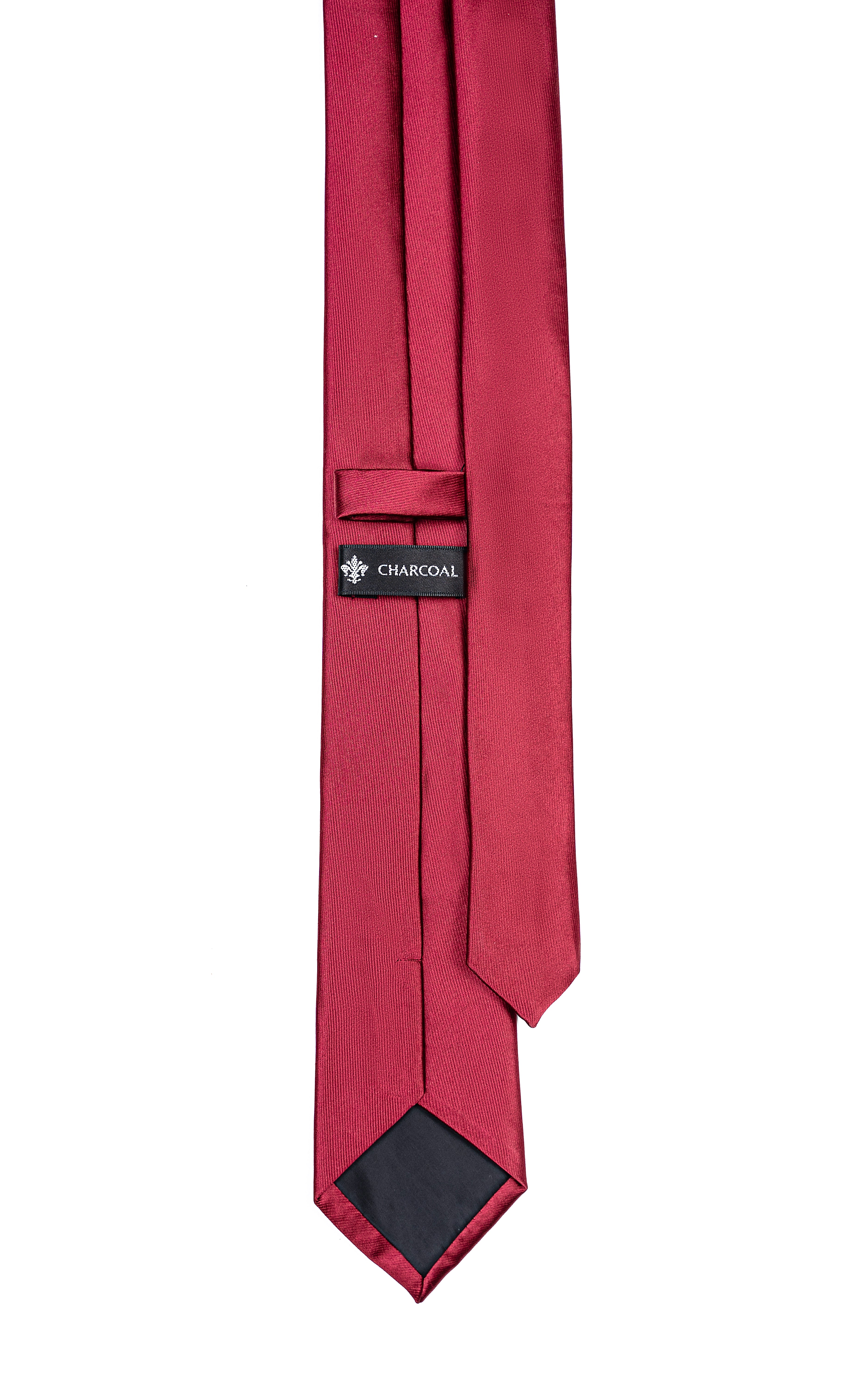 Poly silk tie with CHARCOAL logo tag, folded blades in dark red