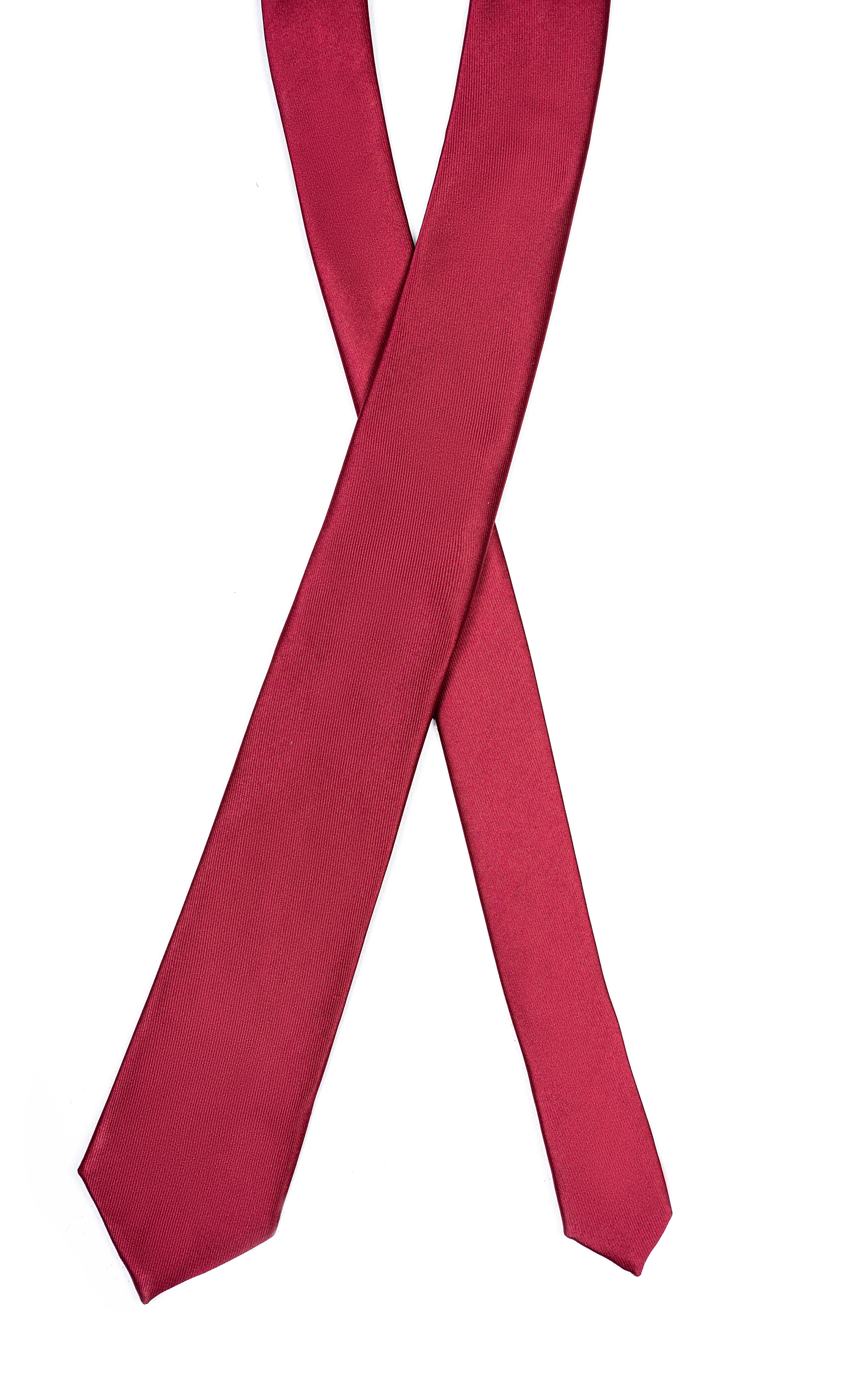 Poly silk tie, dark red with crossed ends and pointed tips