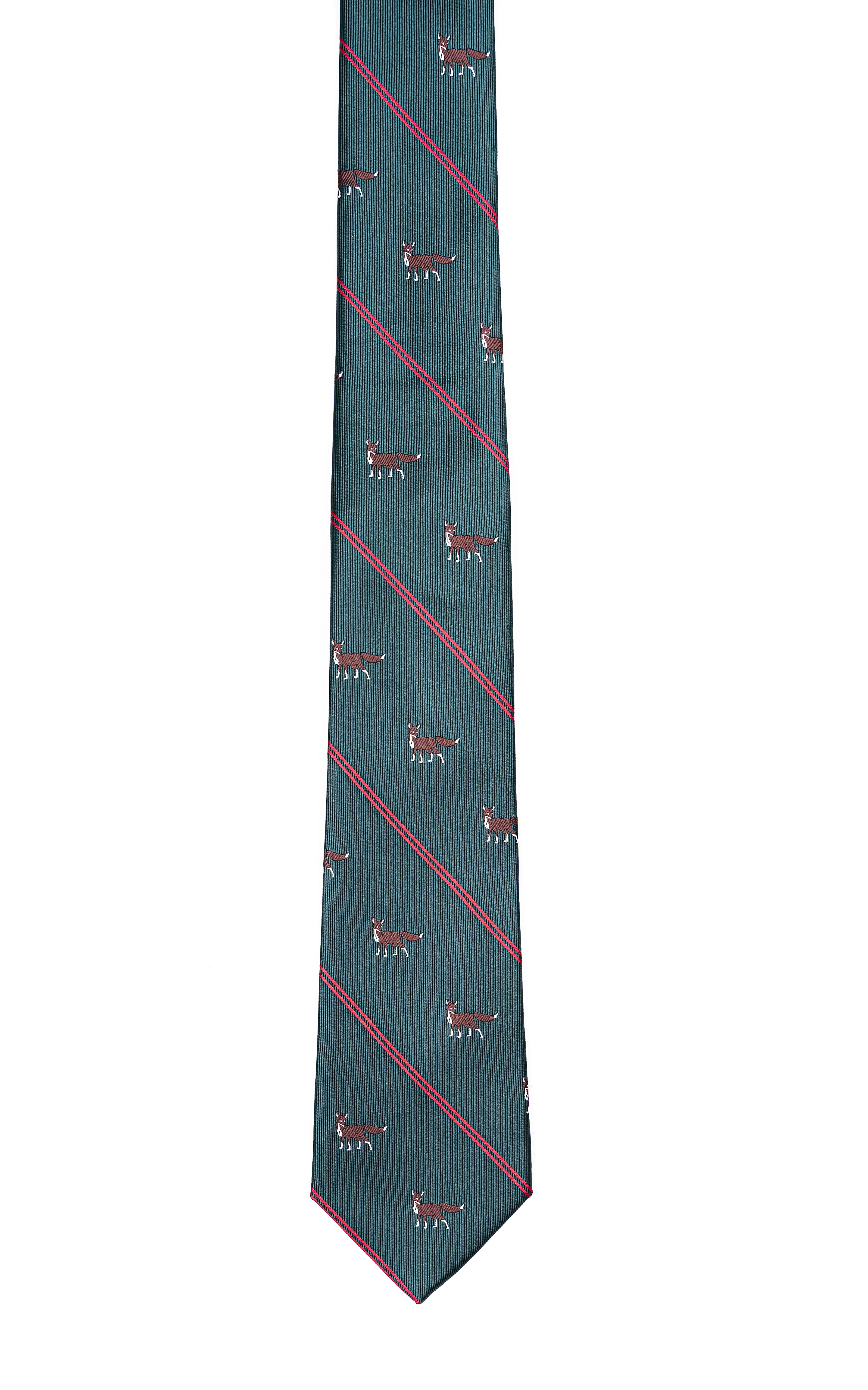 Poly silk tie, long view, dark teal with red stripes and small dog motifs