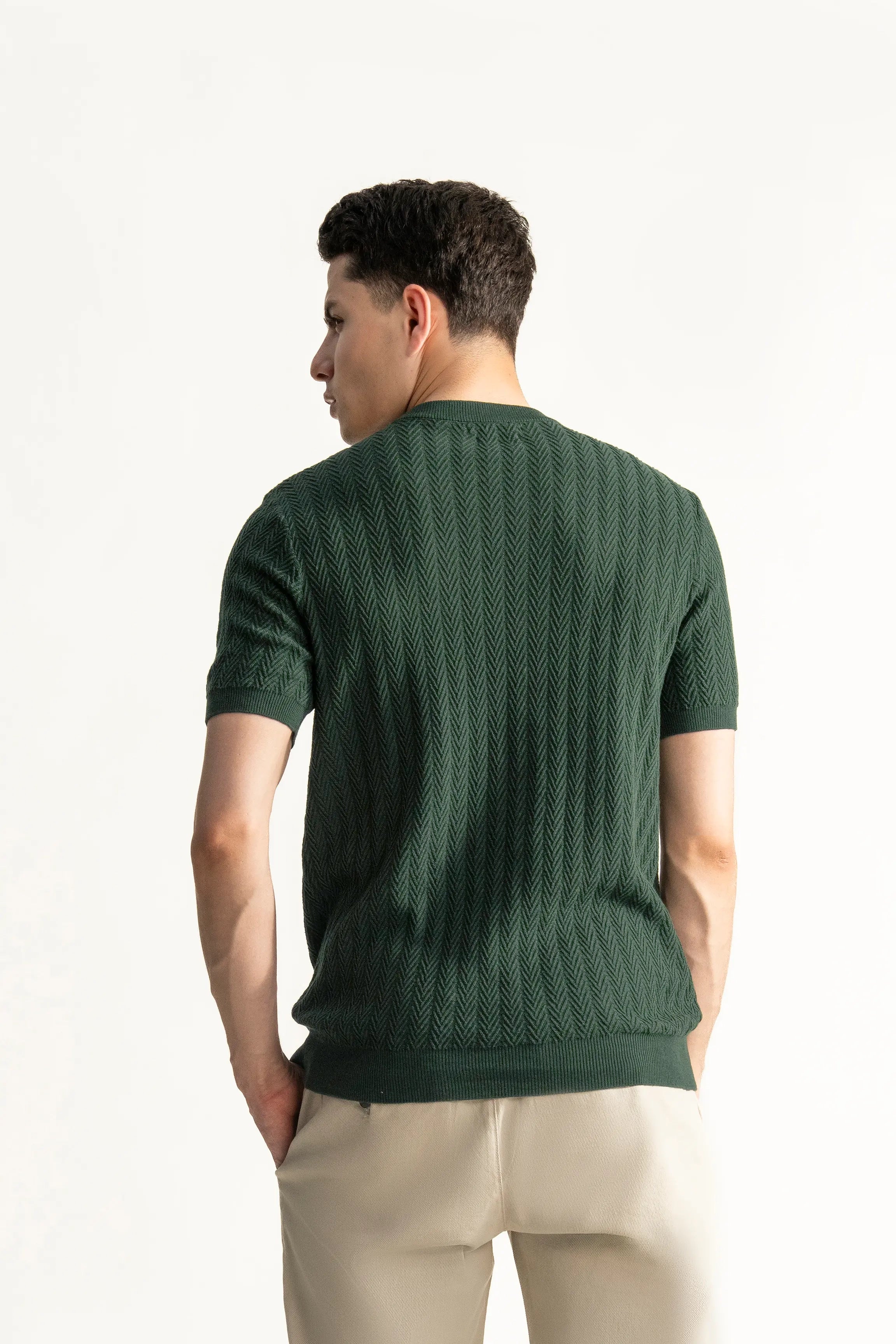SWEATER KNIT SELF STRIPED CREW NECK T SHIRT GREEN